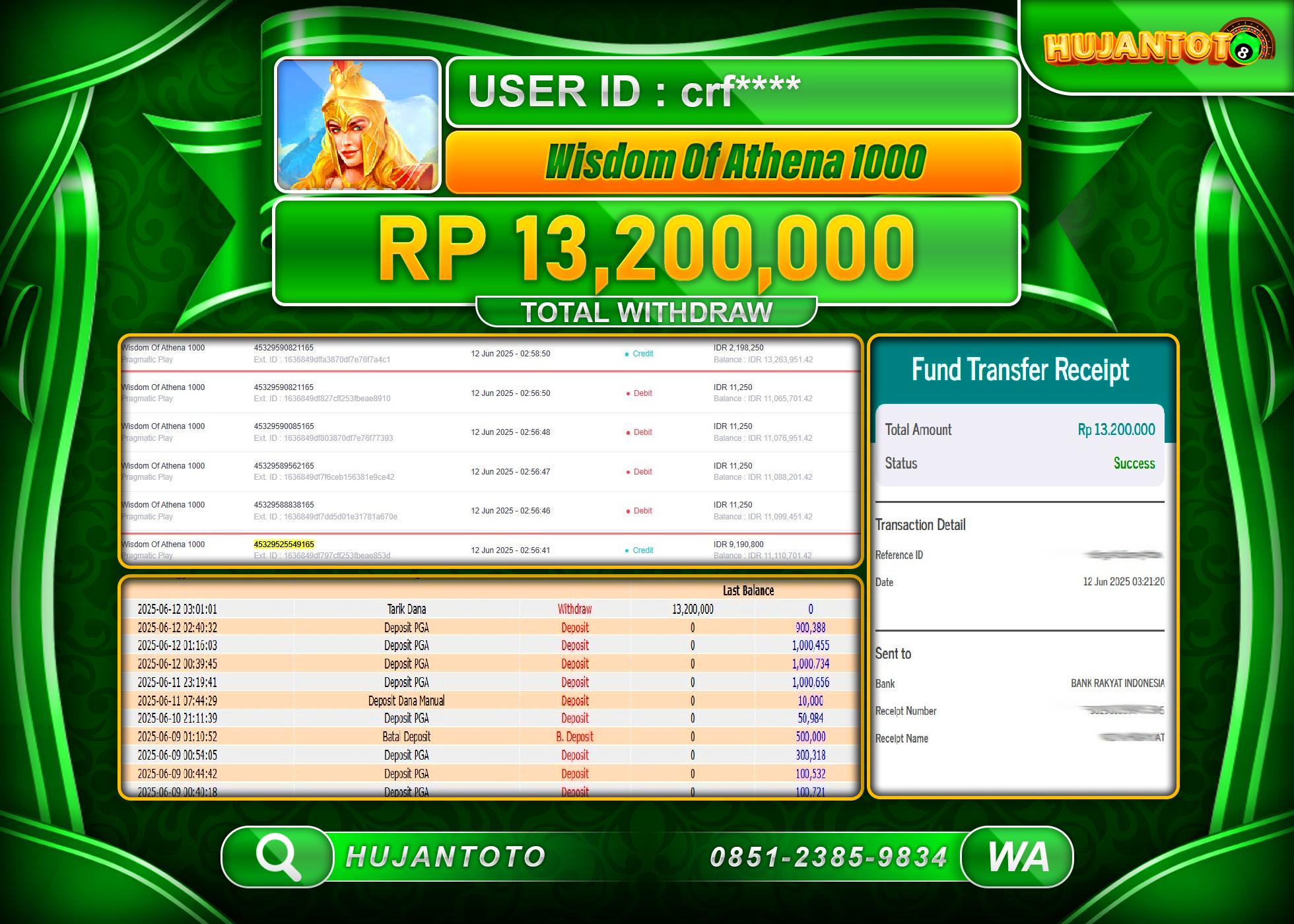 HUJANTOTO - BUKTI JACKPOT MENANG SLOT WISDOM OF ATHENA 1000 Rp.13,200,000  - TERBAYAR LUNAS