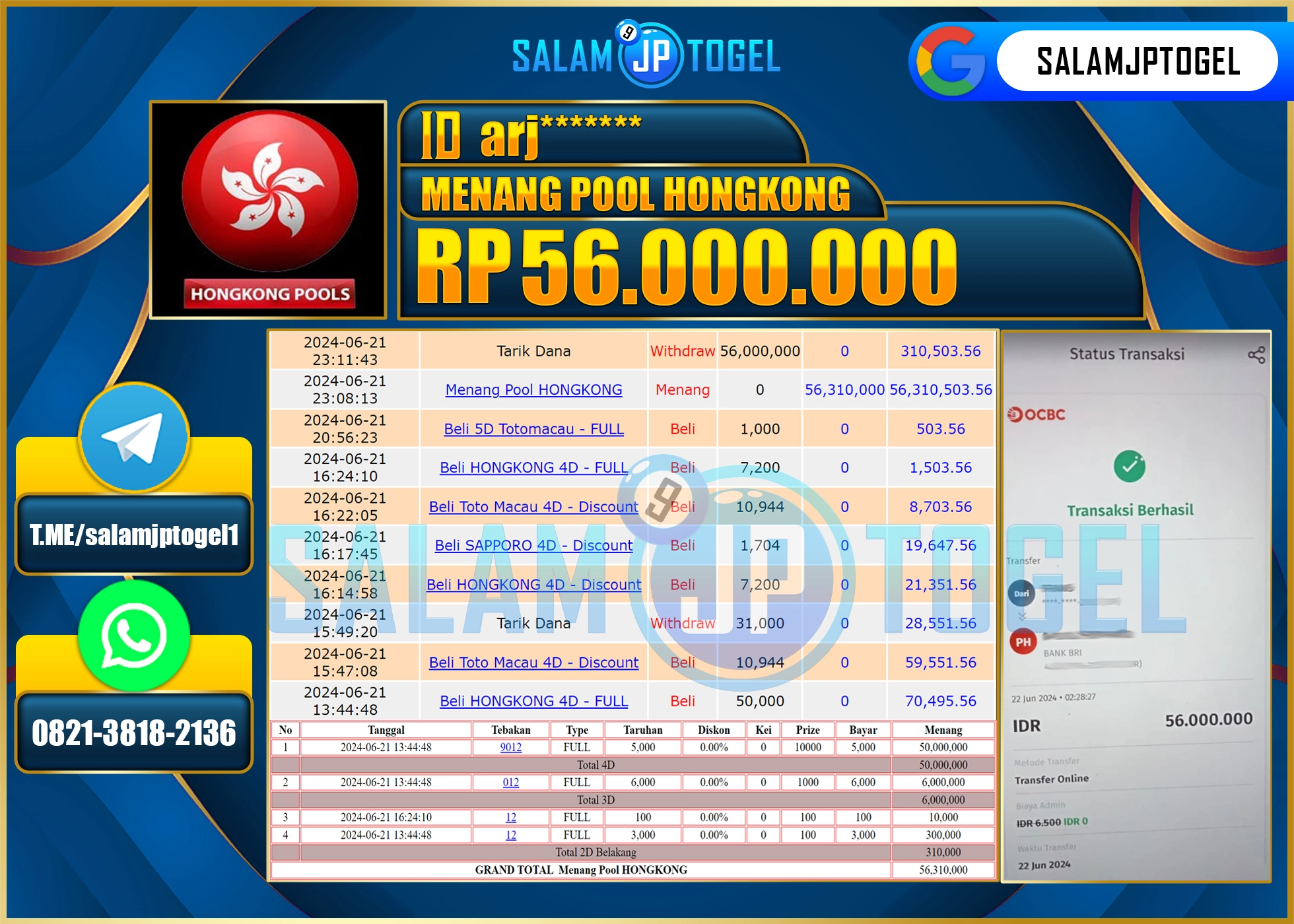 SALAMJPTOGEL MENANG  POOL HONGKONG  RP. 56,000,000.,LUNAS