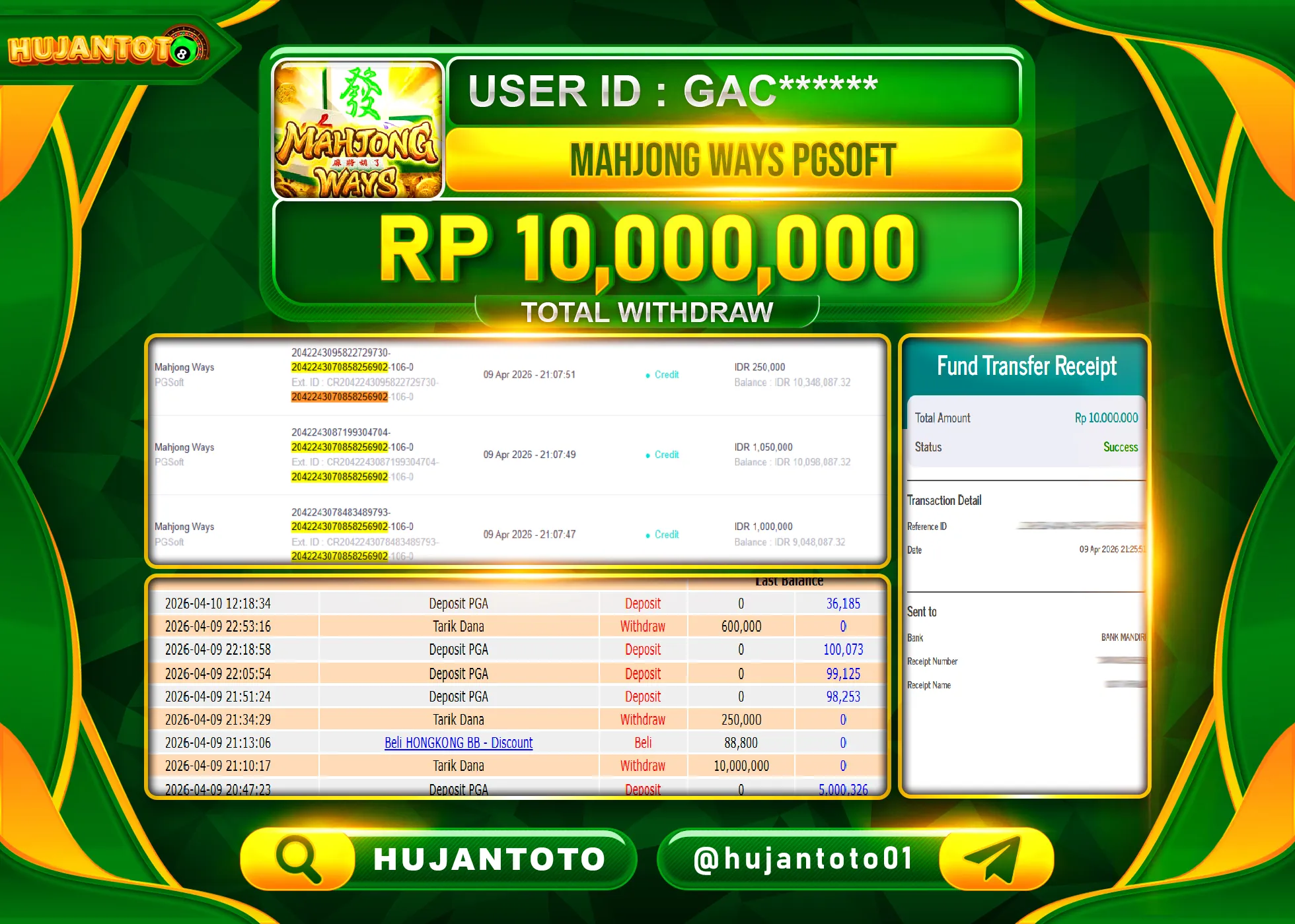 HUJANTOTO - BUKTI JACKPOT MENANG SLOT MAHJONG WAYS Rp.10,000,000 - TERBAYAR LUNAS