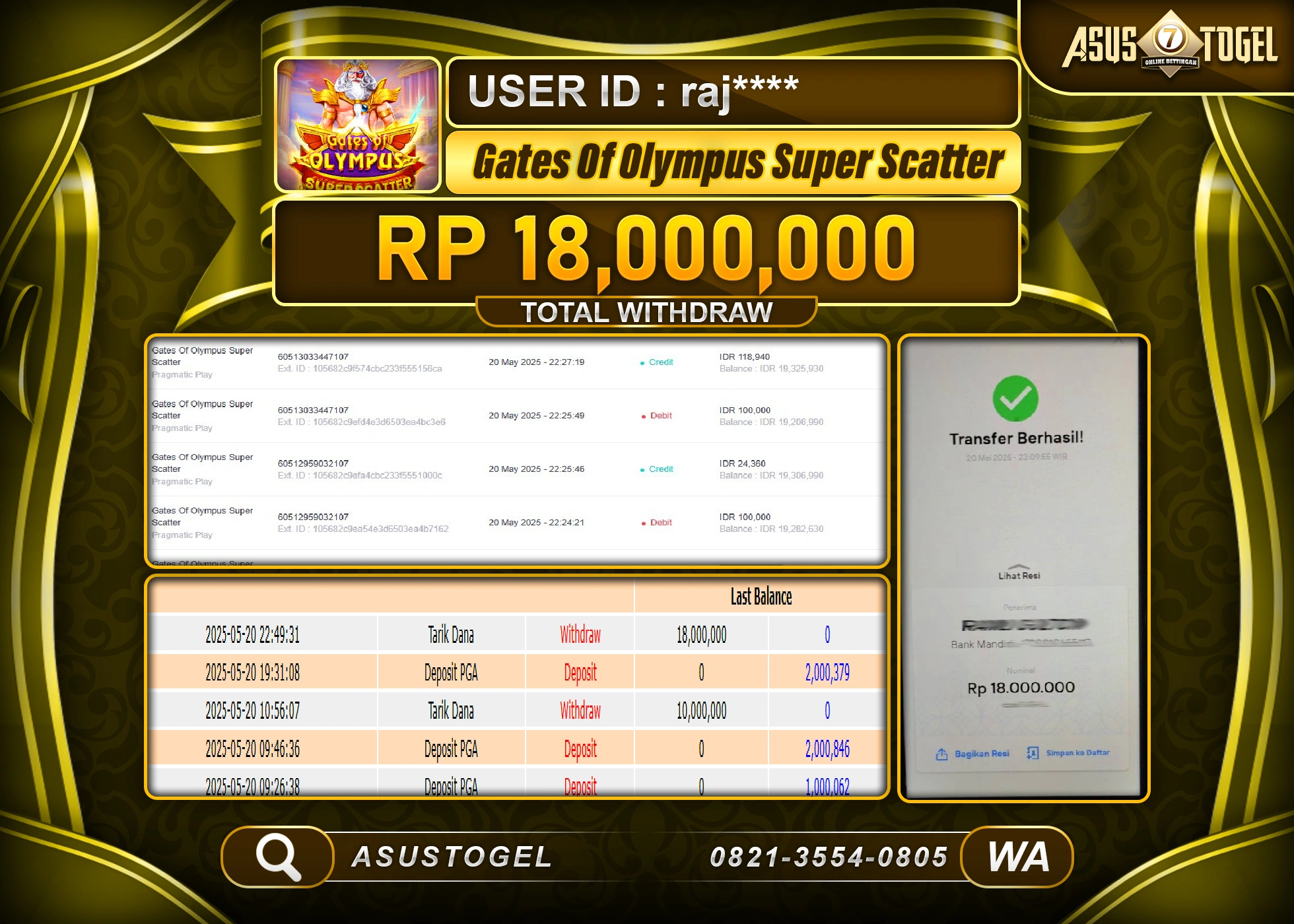  ASUSTOGEL KEMENANGAN DI SLOT GATES OF OLYMPUS SUPER SCATTER SEBESAR 18,000,000- RUPIAH LUNAS