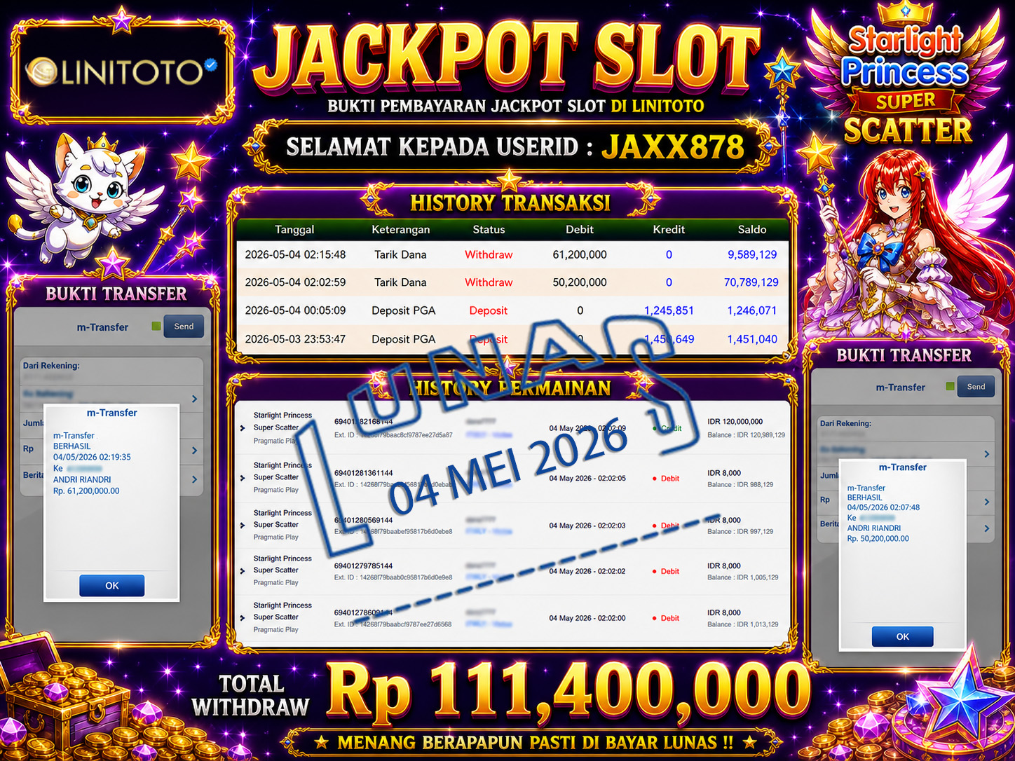 LINITOTO JACKPOT SLOT Starlight Princess Super Scatter Rp.111,400,000 - LUNAS