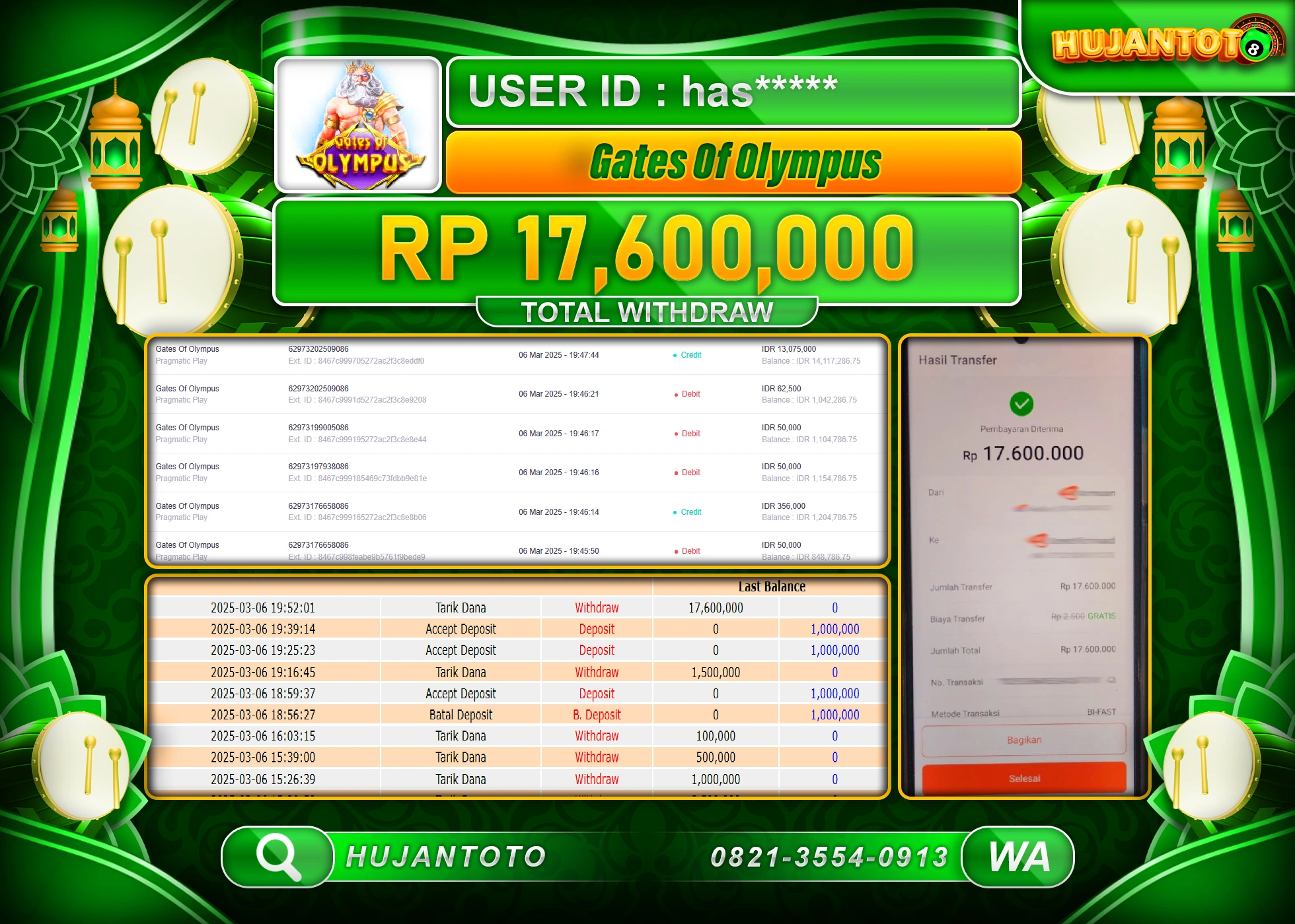 HUJANTOTO - BUKTI JACKPOT MENANG SLOT GATES OF OLYMPUS Rp,17,600,000 - TERBAYAR LUNAS