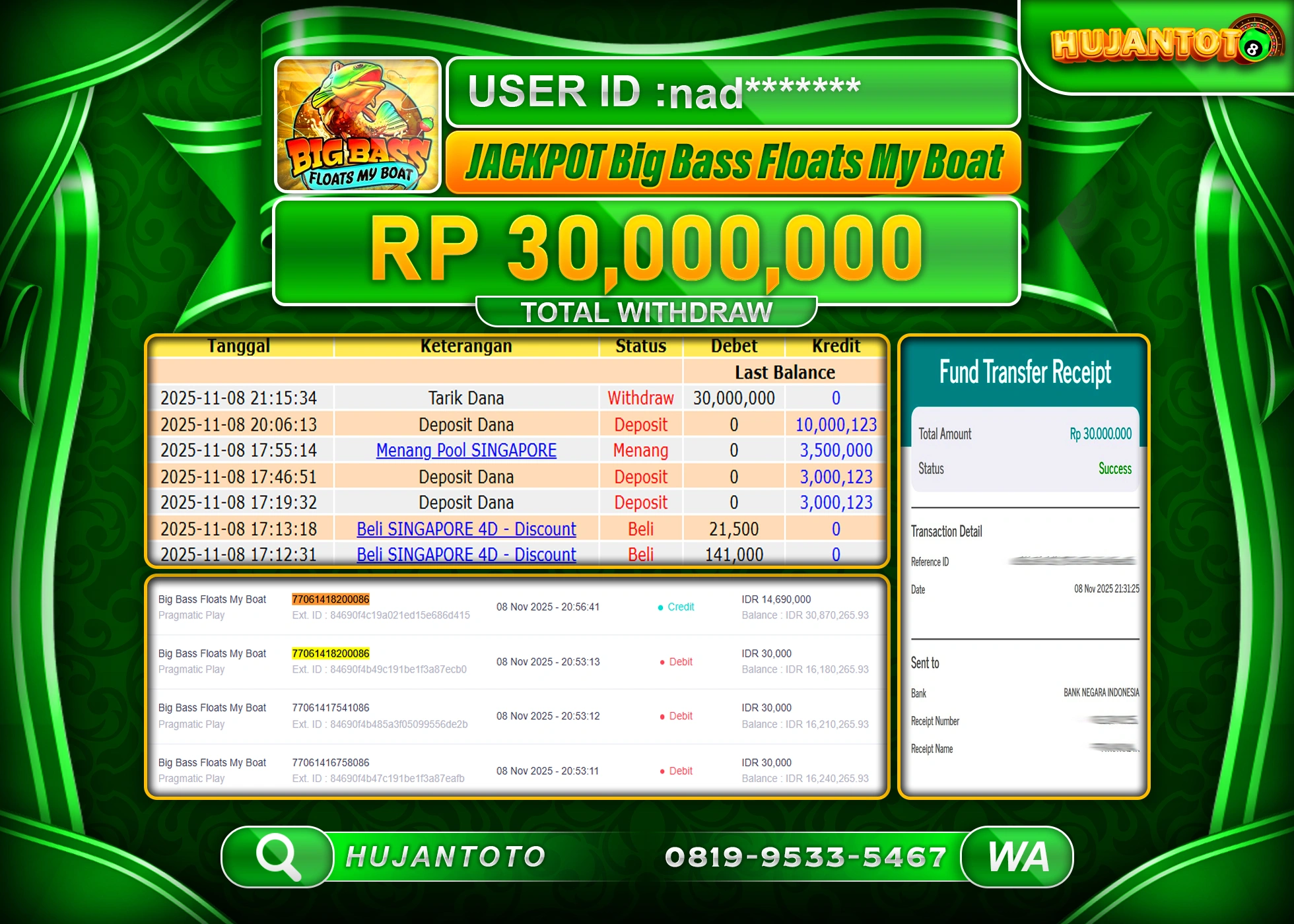 HUJANTOTO - BUKTI JACKPOT MENANG SLOT BIG BASS FLOATS MY BOAT Rp.12,000,000 - TERBAYAR LUNAS