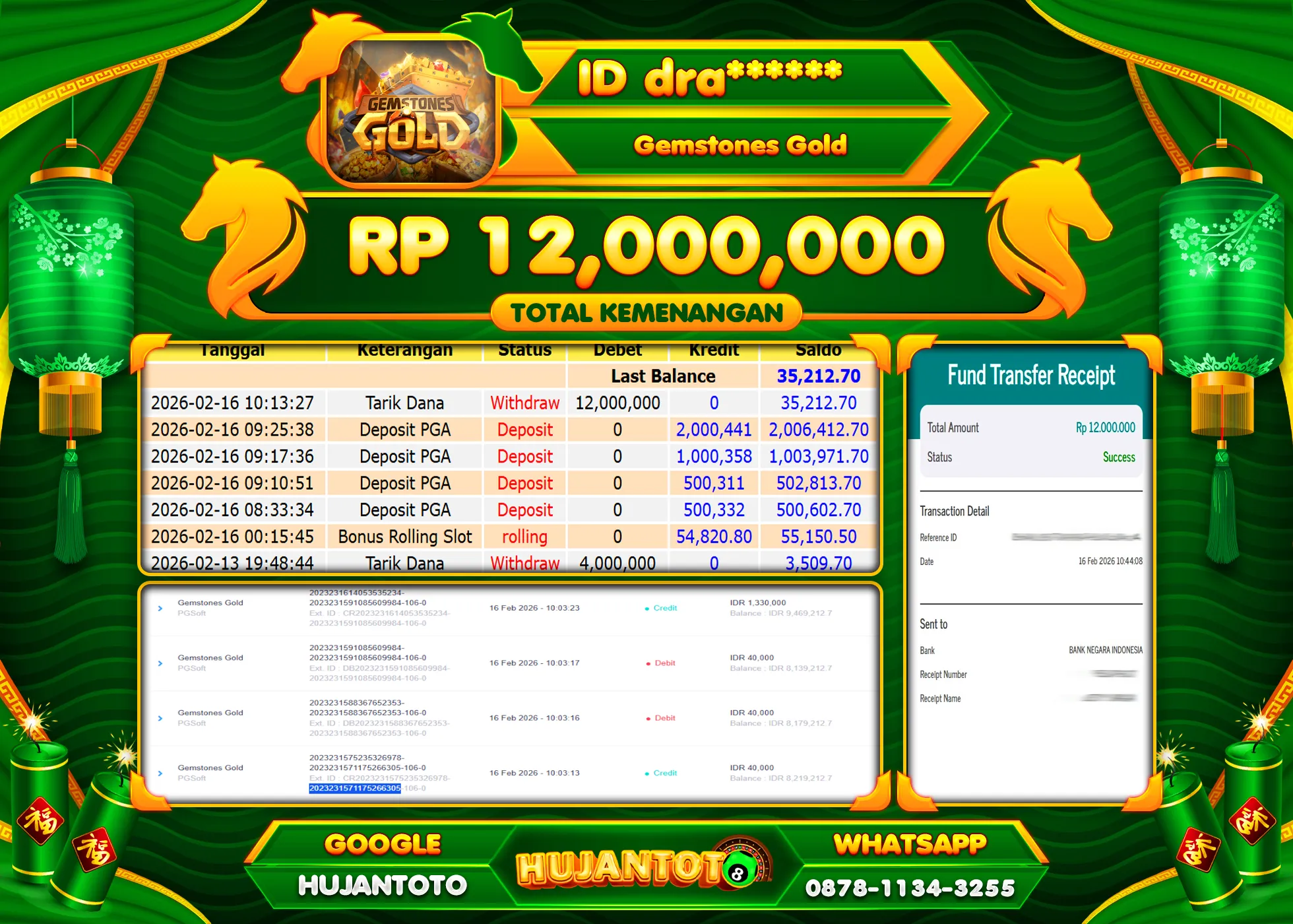 HUJANTOTO - BUKTI JACKPOT MENANG SLOT GEMSTONES GOLD Rp.12,000,000 - TERBAYAR LUNAS