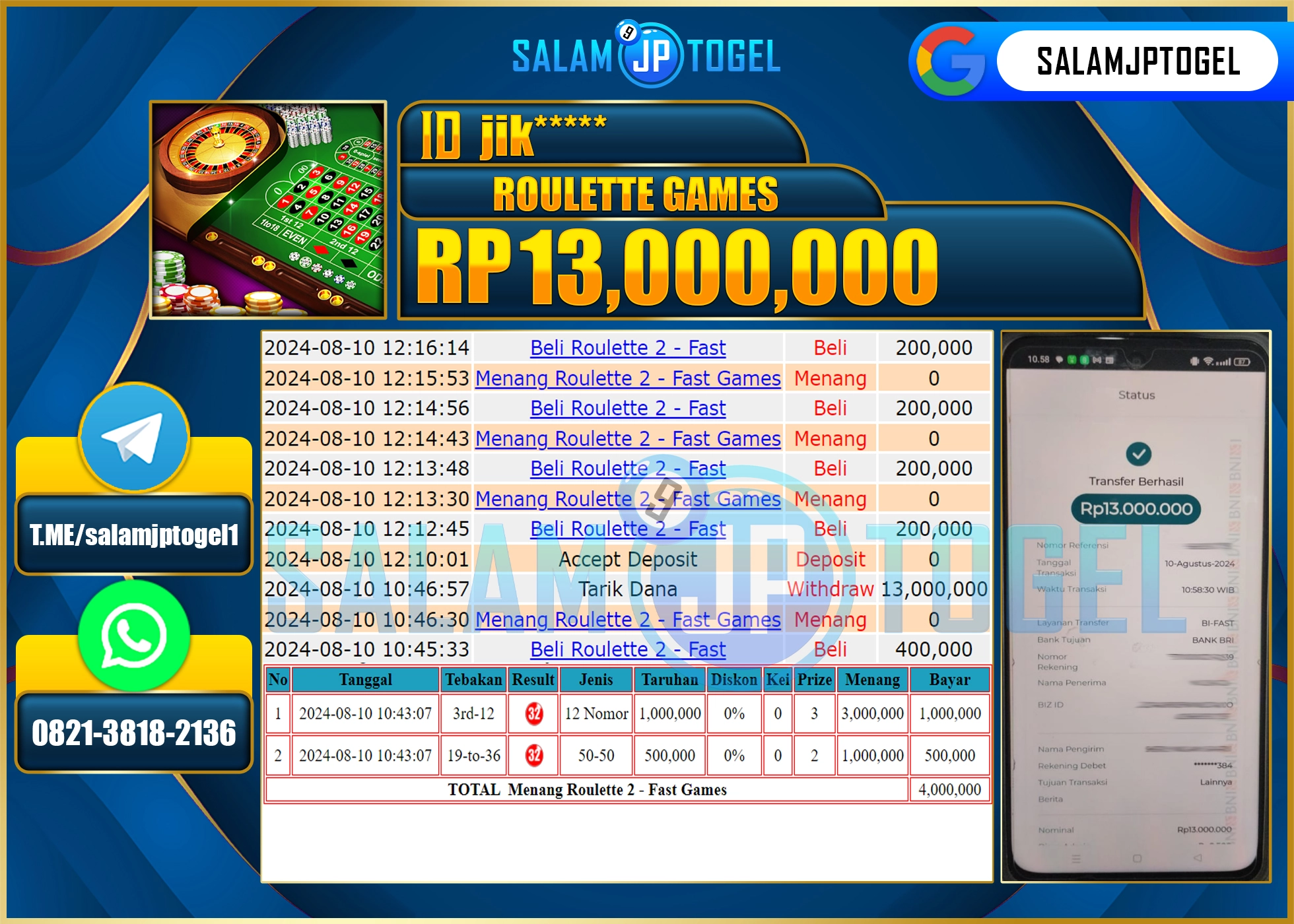 Member SALAMJPTOGEL MENANG ROULLETE 2 RP. 13,000,000 LUNAS