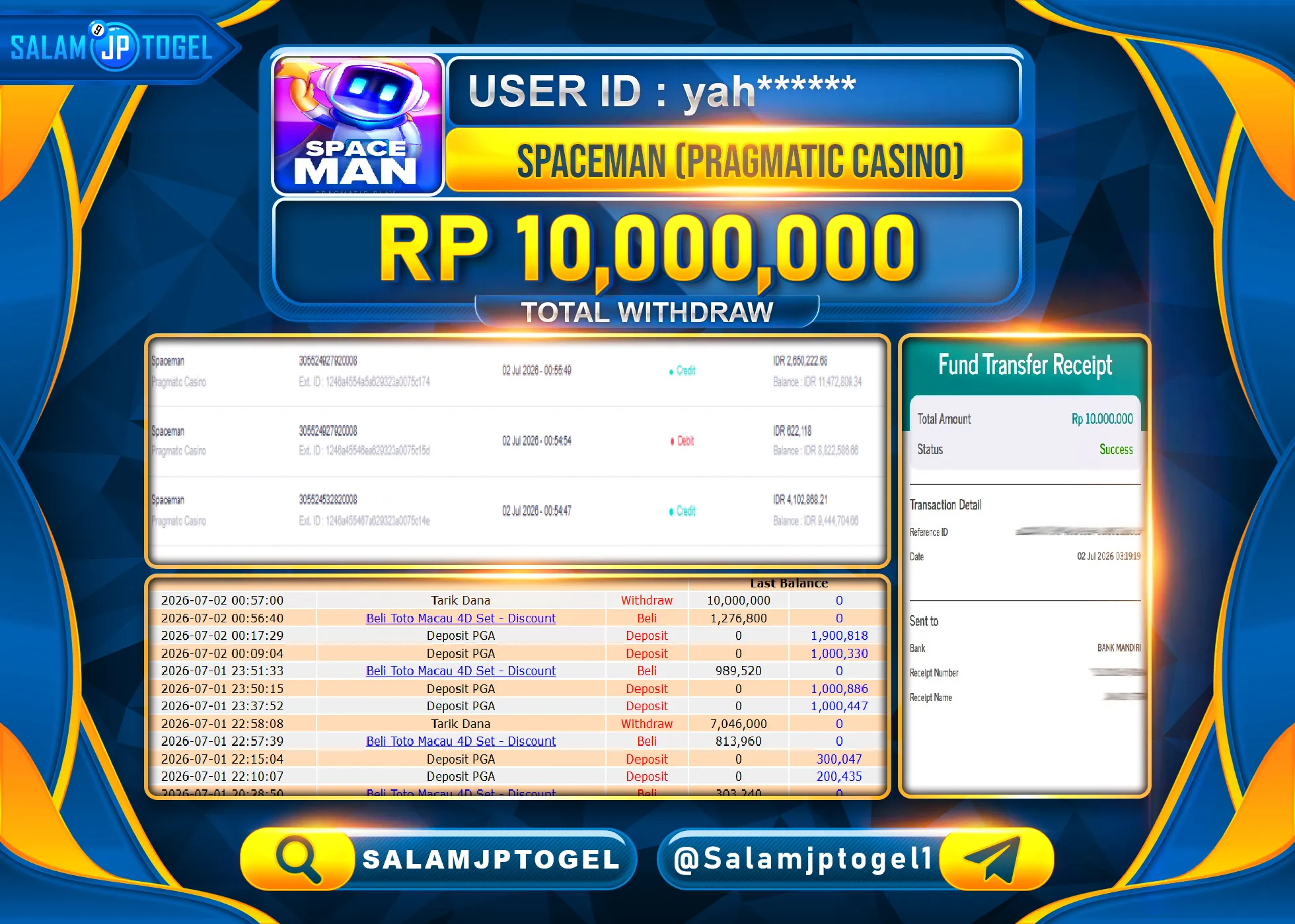 SALAMJPTOGEL JACKPOT GACOR MENANG PRAGMATIC PLAY CASINO SPACEMAN Rp.10,000,000 - LUNAS