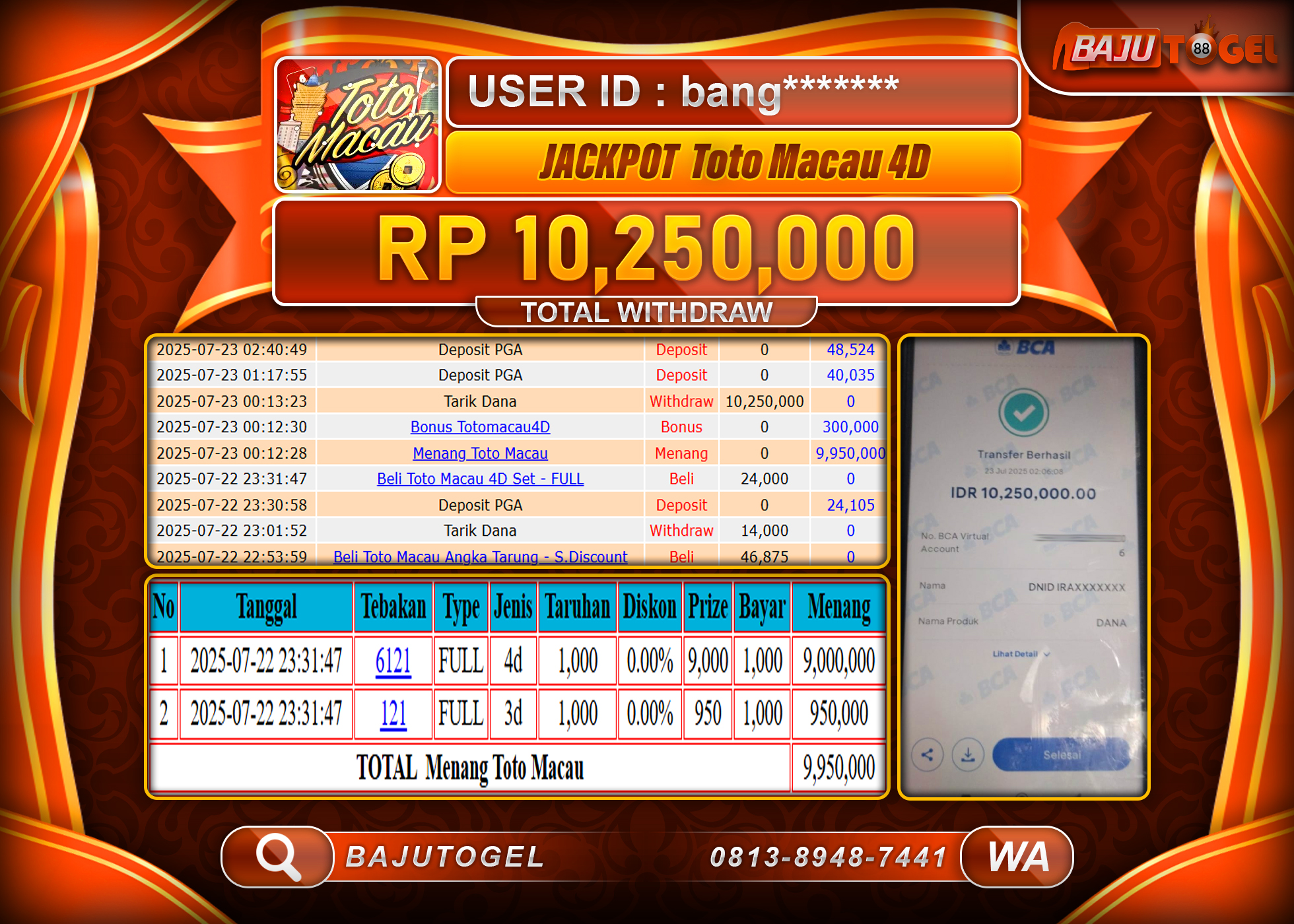 BAJUTOGEL KEMENANGAN DI TOGEL TOTO MACAU 4D Rp.10.250.000 LUNAS