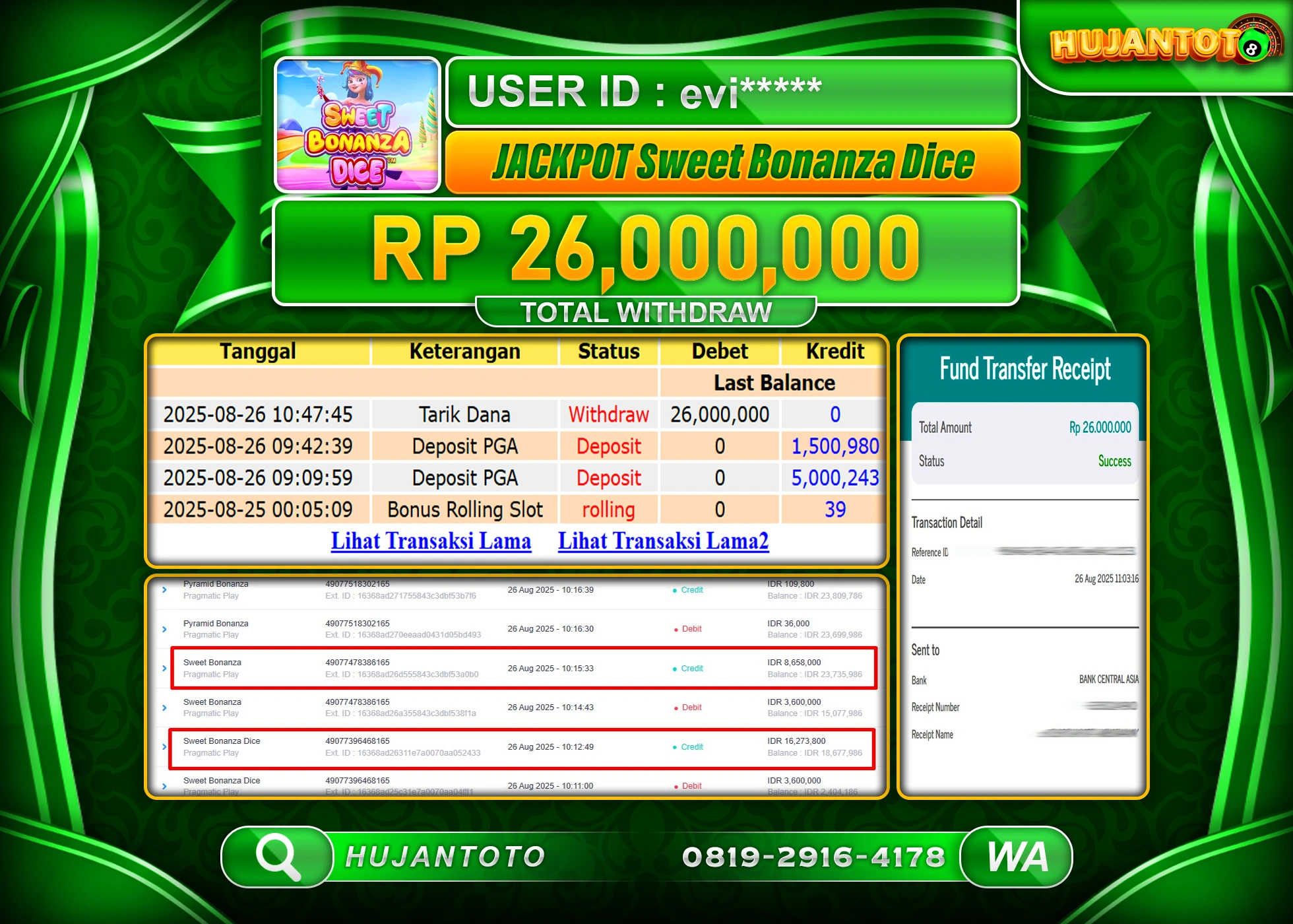 HUJANTOTO - BUKTI JACKPOT MENANG SLOT SWEET BONANZA DICE Rp.26,000,000 - TERBAYAR LUNAS