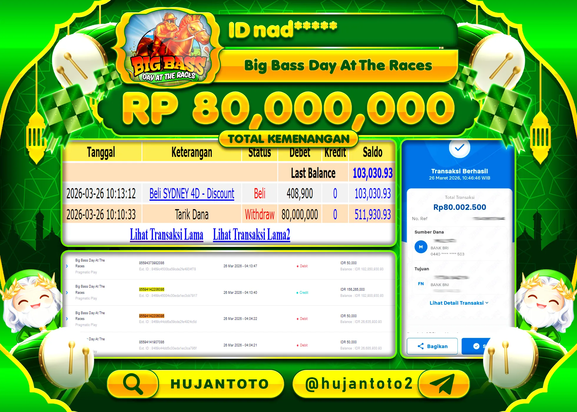 HUJANTOTO - BUKTI JACKPOT MENANG SLOT BIG BASS DAY AT THE RACES Rp.80,000,000 - TERBAYAR LUNAS