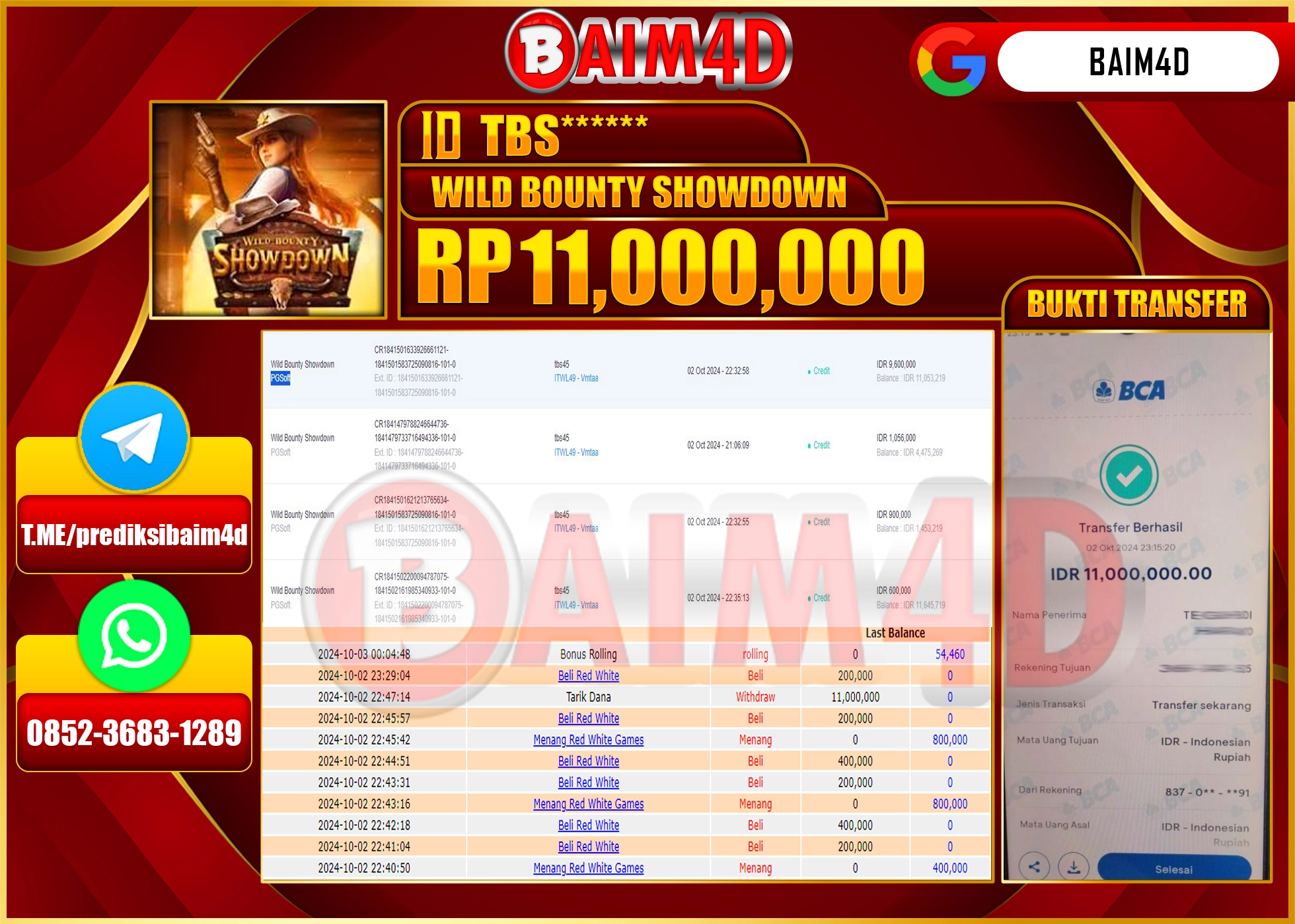 BAIM4D JACKPOT Slot Wild Bounty Showdown (PGSoft)   Rp.11,000,000.- LUNAS