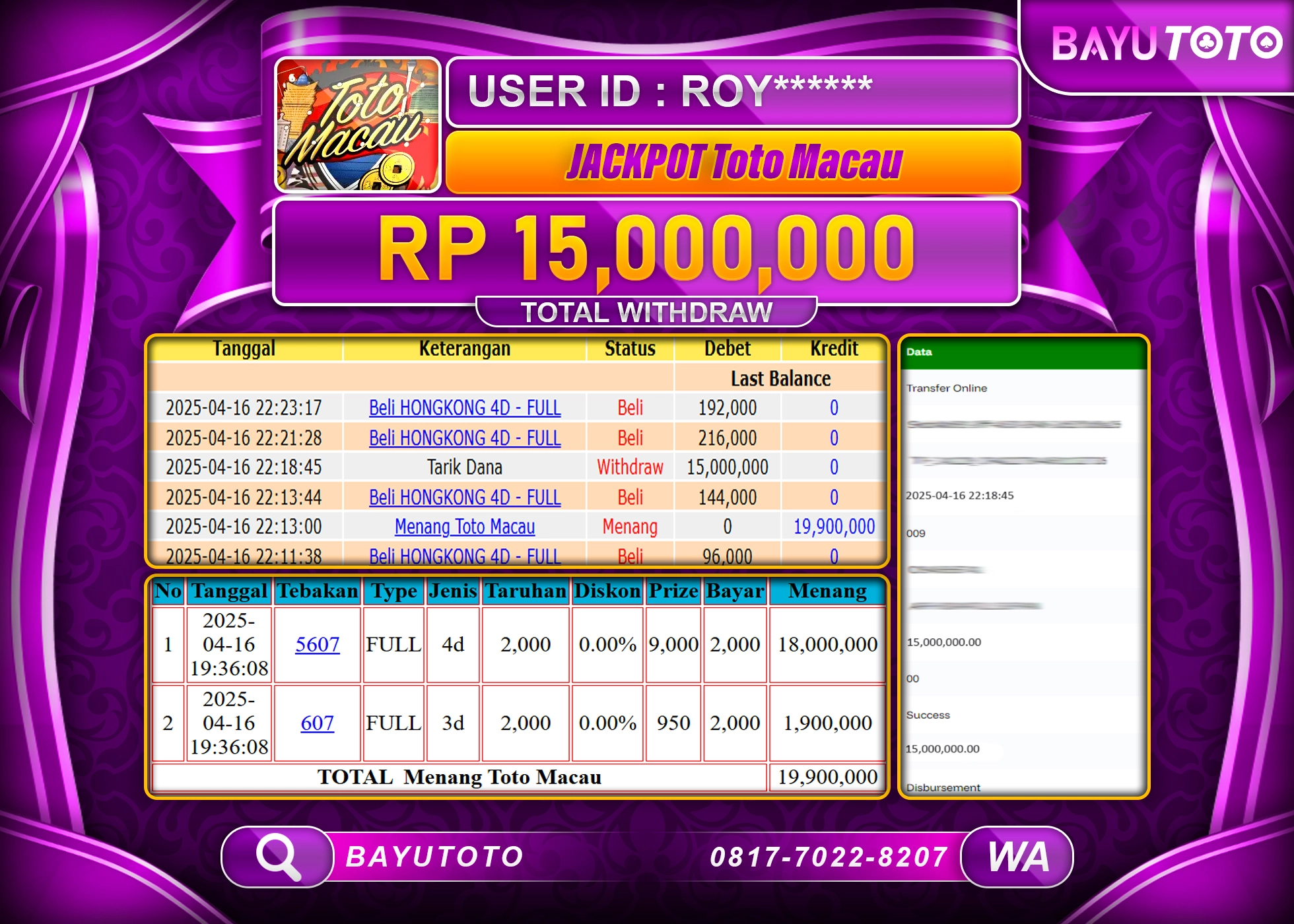 BAYUTOTO JACKPOT TOGEL TOTO MACAU 4D PERIODE 10984 Rp.15,000.000 LUNAS