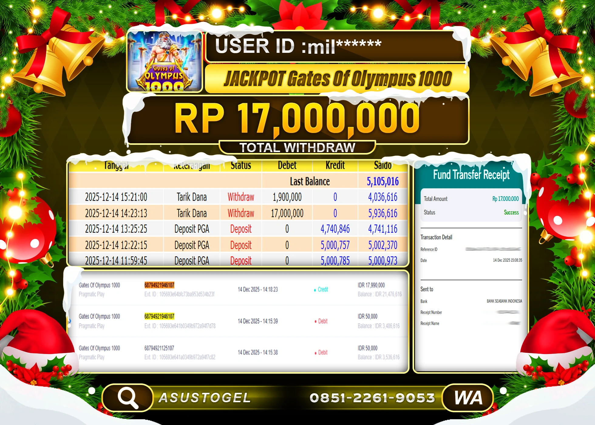ASUSTOGEL KEMENANGAN DI SLOT GATE OF OLYMOUS 1000 SEBESAR 17,000,000 - RUPIAH LUNAS