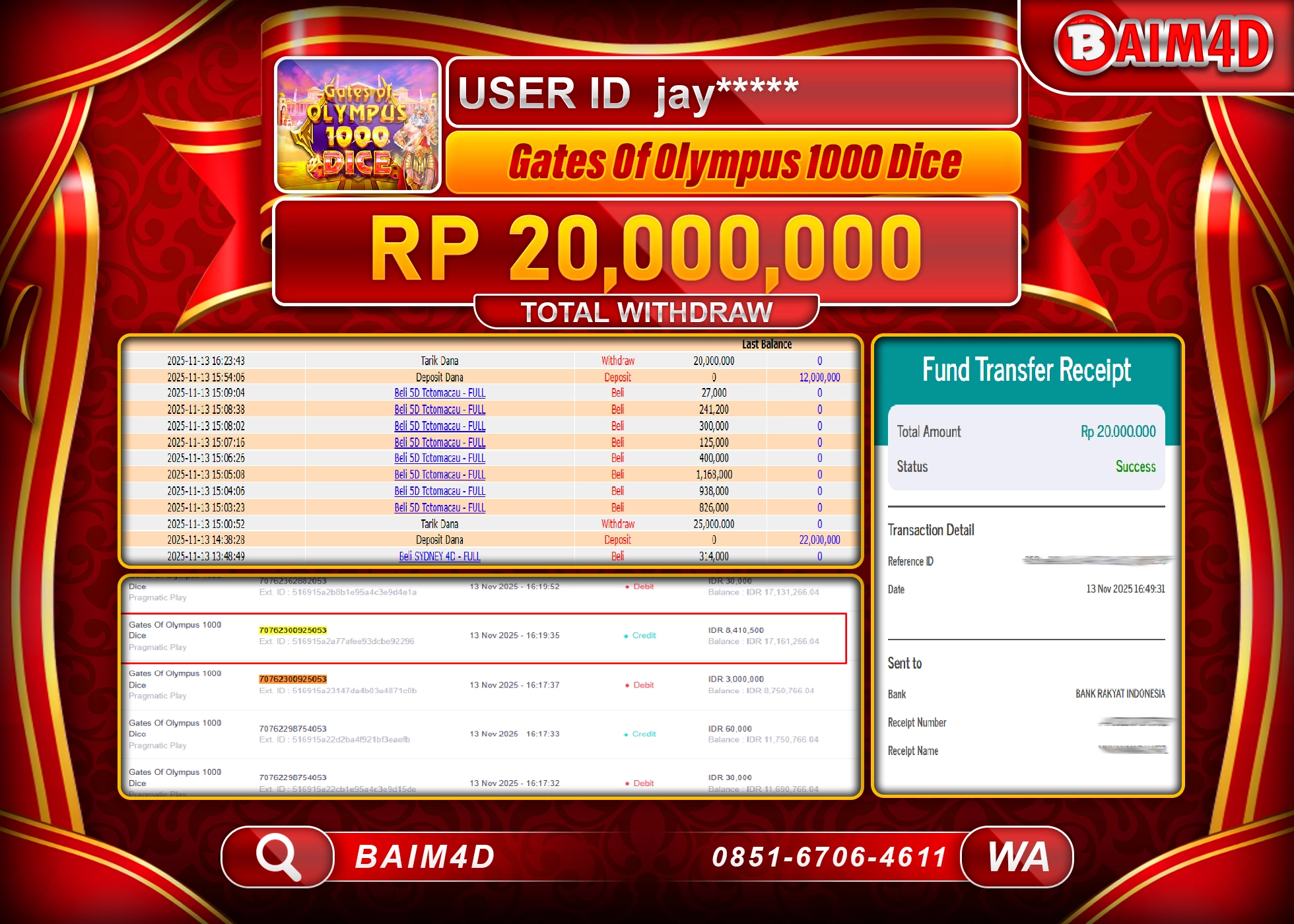 BAIM4D JACKPOT  SLOT GATES OF OLYMPUS1000 DICE Rp.20,000,000 - LUNAS