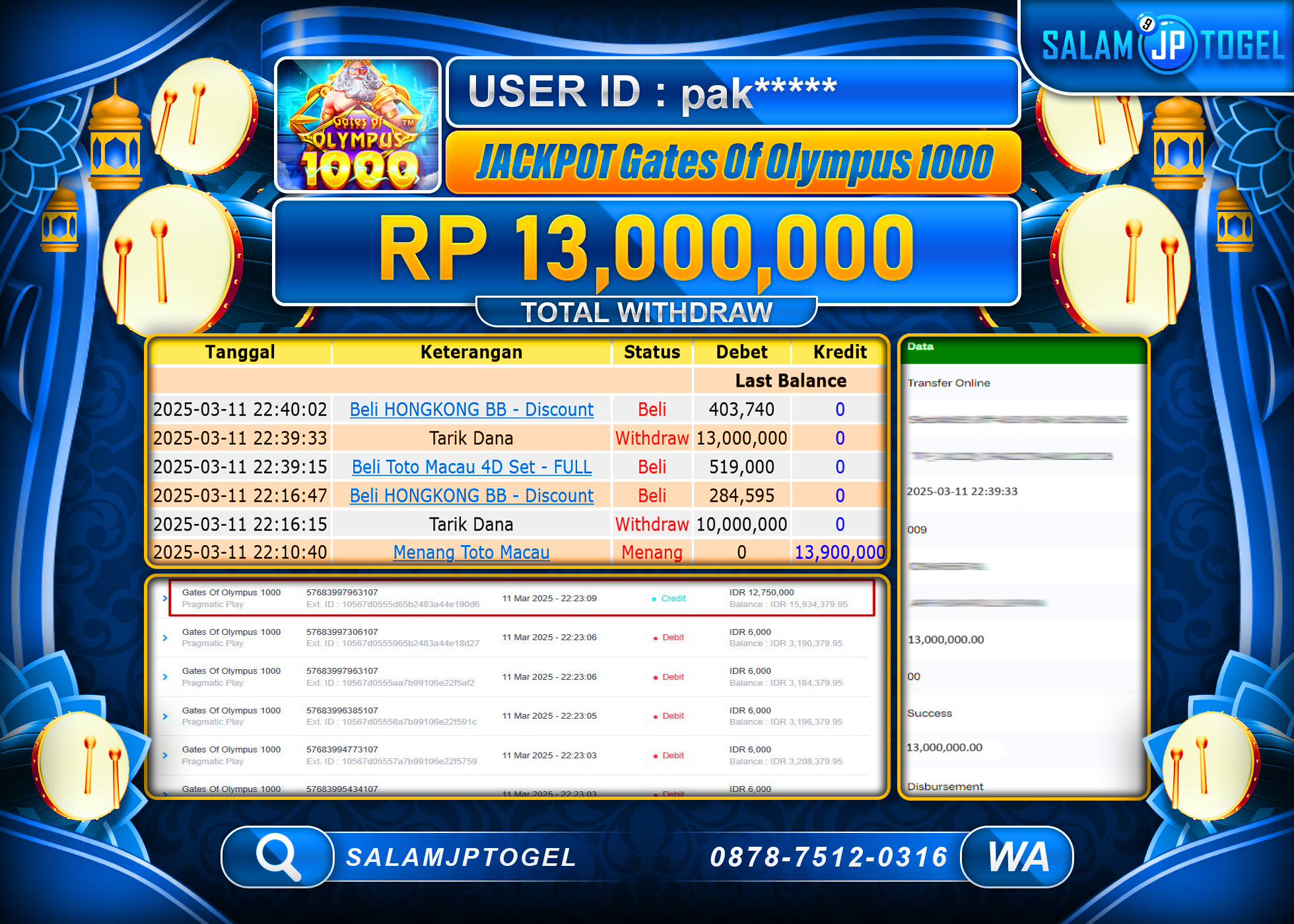 SALAMJPTOGEL MENANG GATES OF OLYMPUS 1000  Rp. 13,000,000 LUNAS
