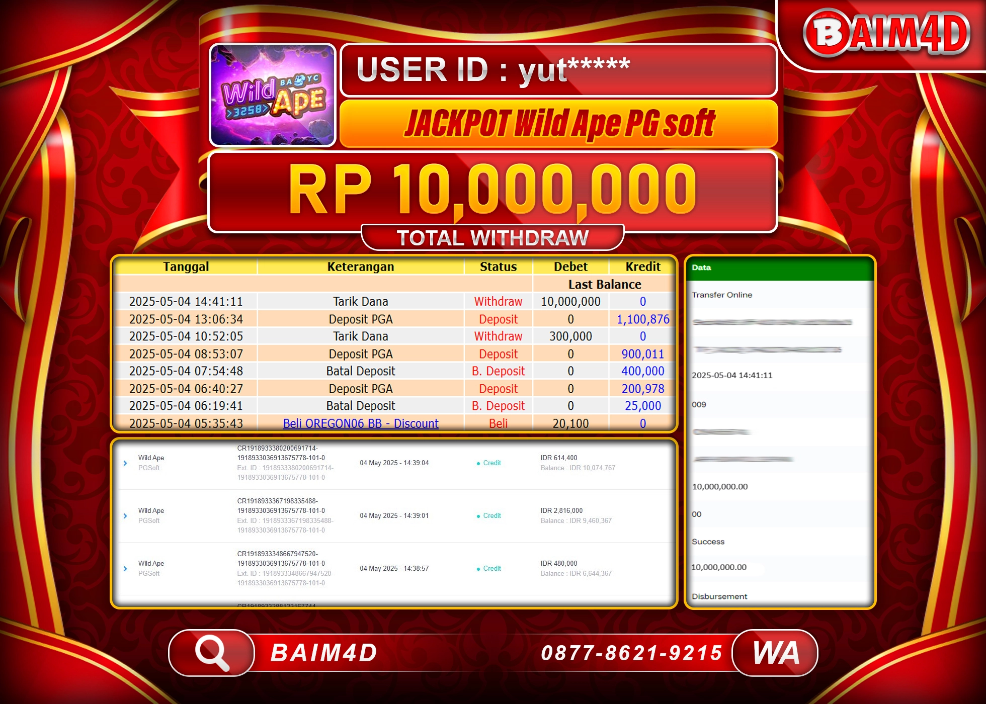 BAIM4D JACKPOT  SLOT  Wild Ape PGSoft  Rp.10.000,000.- LUNAS