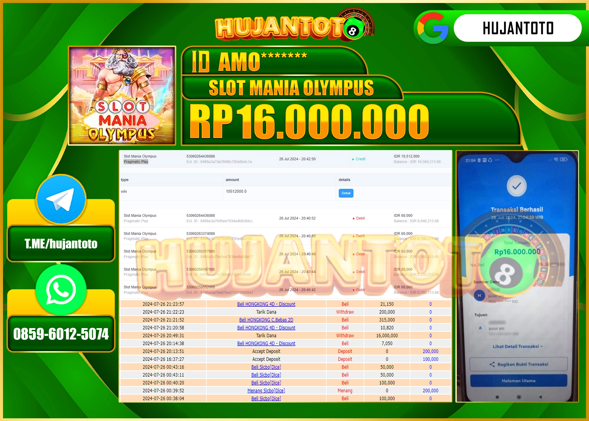 HUJANTOTO MENANG SLOT MANIA Gates OF Olympus (Pragmatic Play)  16.000.000 - LUNAS 