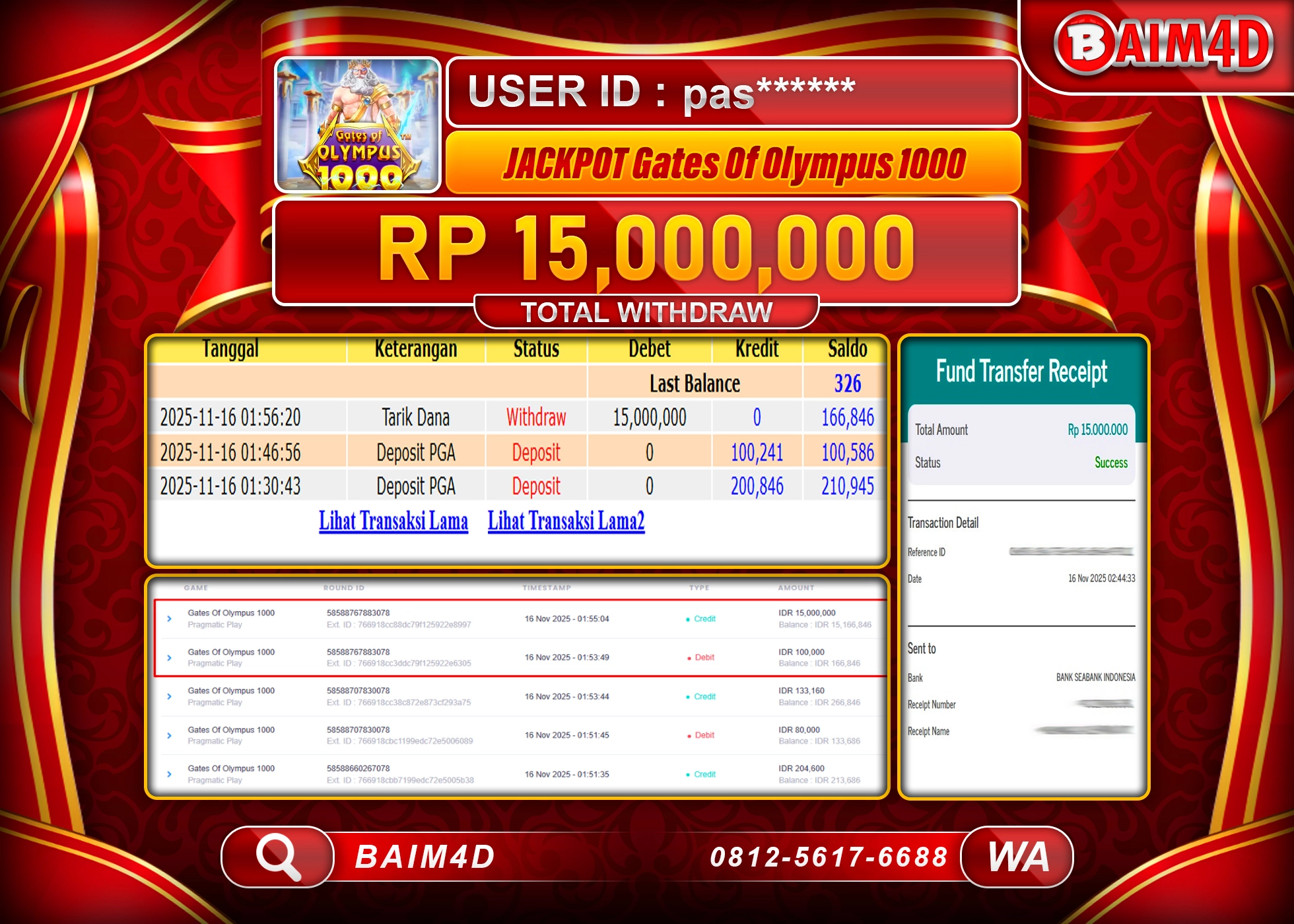 BAIM4D JACKPOT  SLOT GATES OF OLYMPUS 1000 Rp.15,000,000 - LUNAS