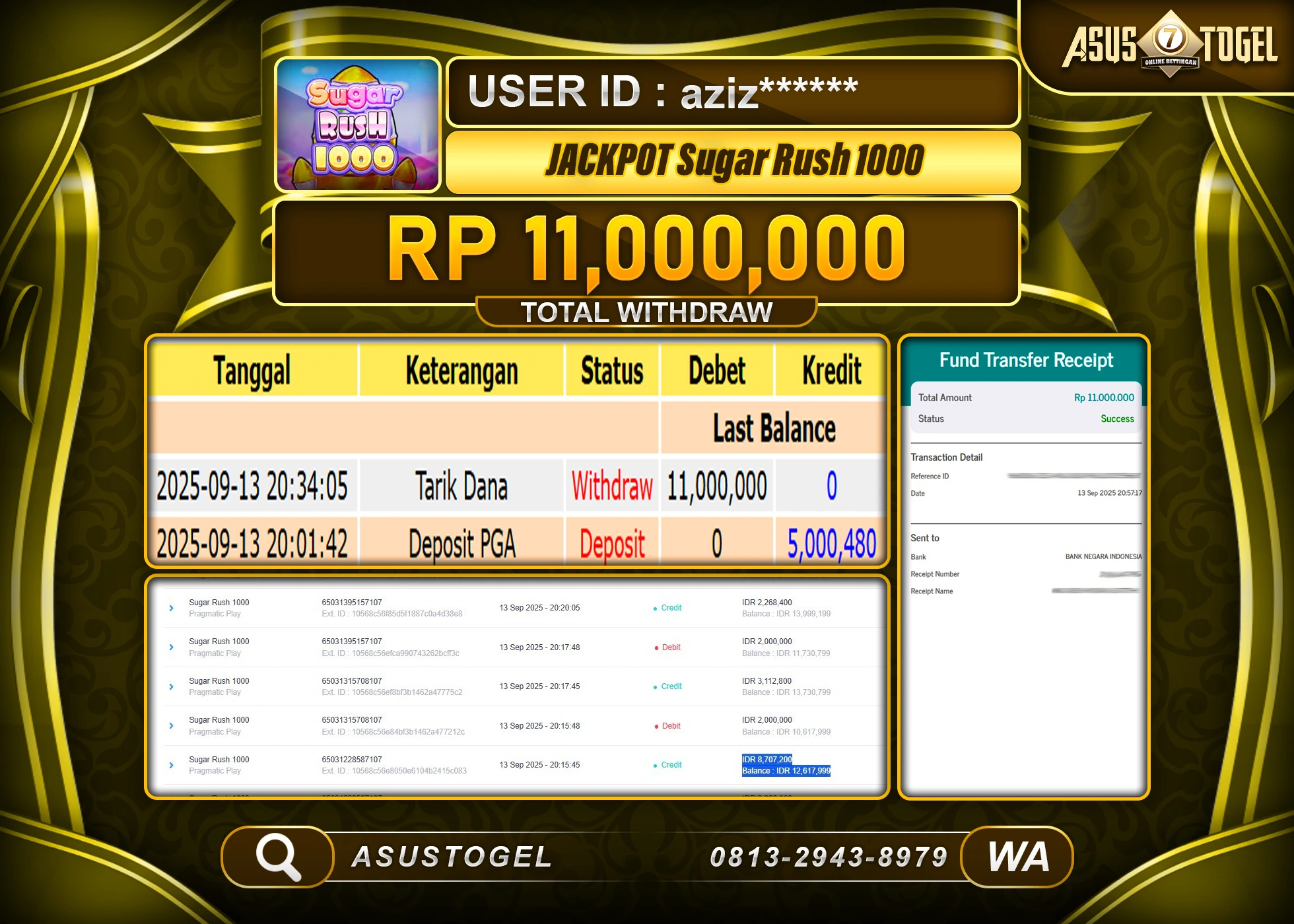 SUSTOGEL KEMENANGAN DI SLOT SUGAR RUSH 1000 SEBESAR 11,000,000- RUPIAH LUNAS