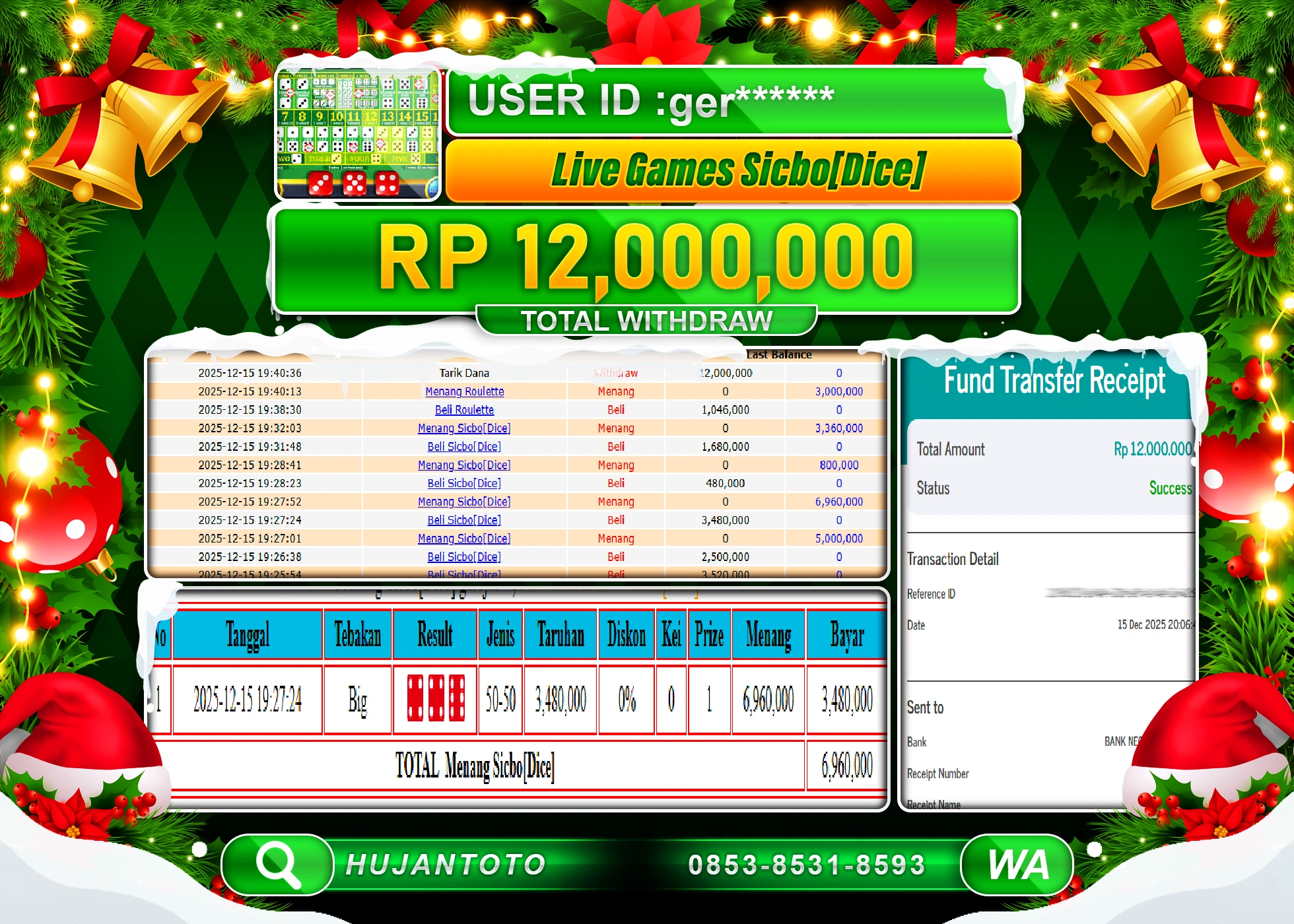 HUJANTOTO - BUKTI JACKPOT MENANG LIVEGAMES SICBO DICE Rp.12,000,000 - TERBAYAR LUNAS