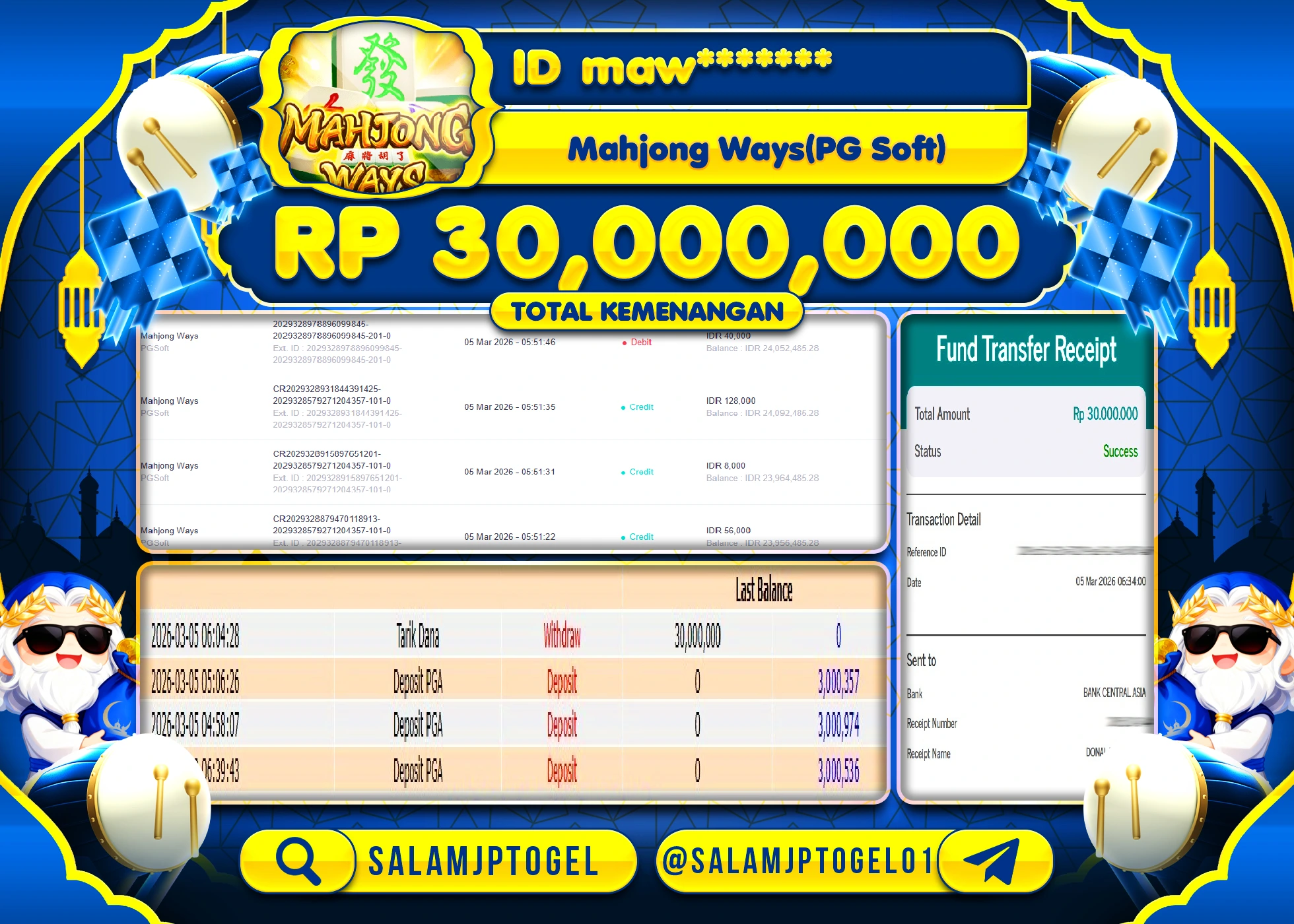 SALAMJPTOGEL JACKPOT Mahjong Ways(PG Soft) Rp.30.000.000 - LUNAS