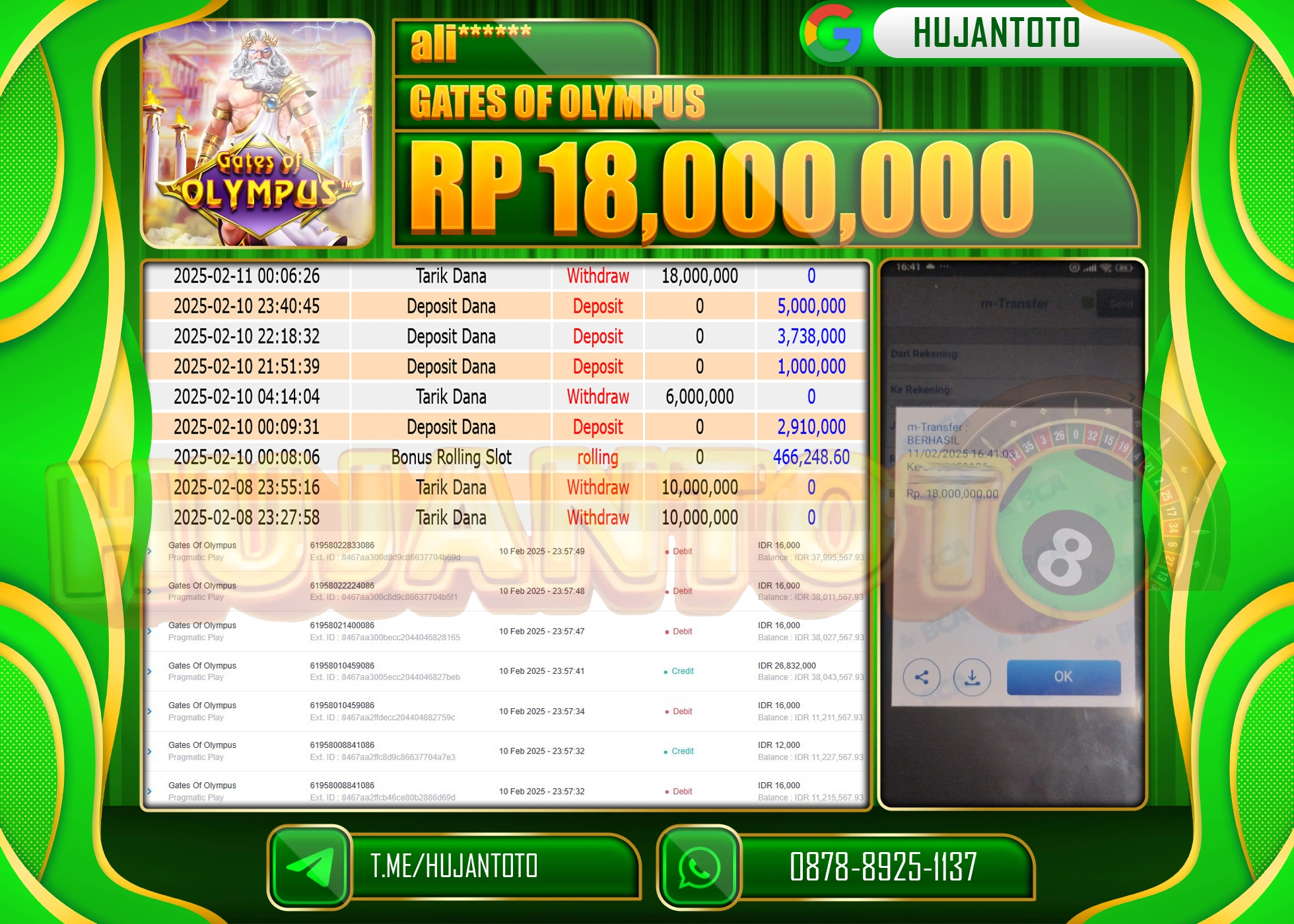 HUJANTOTO - BUKTI JACKPOT MENANG SLOT GATES OF OLYMPUS Rp 18,000,000 - TERBAYAR LUNAS