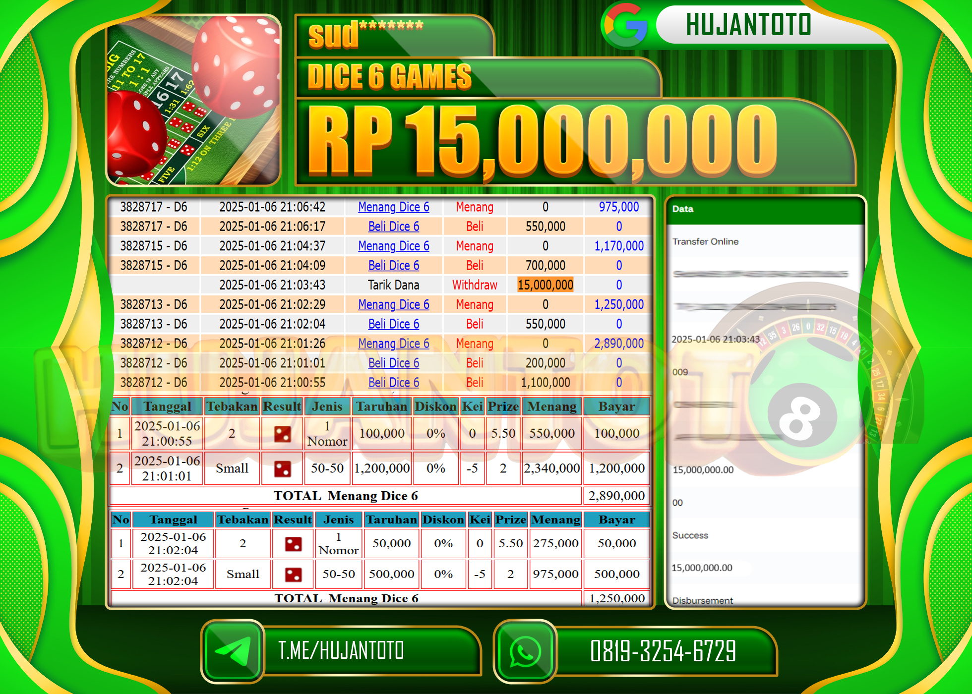 HUJANTOTO - BUKTI JACKPOT DI PERMAINAN LIVE SICBO DICE 6 GAMES Rp.15,000,000,- TERBAYAR LUNAS