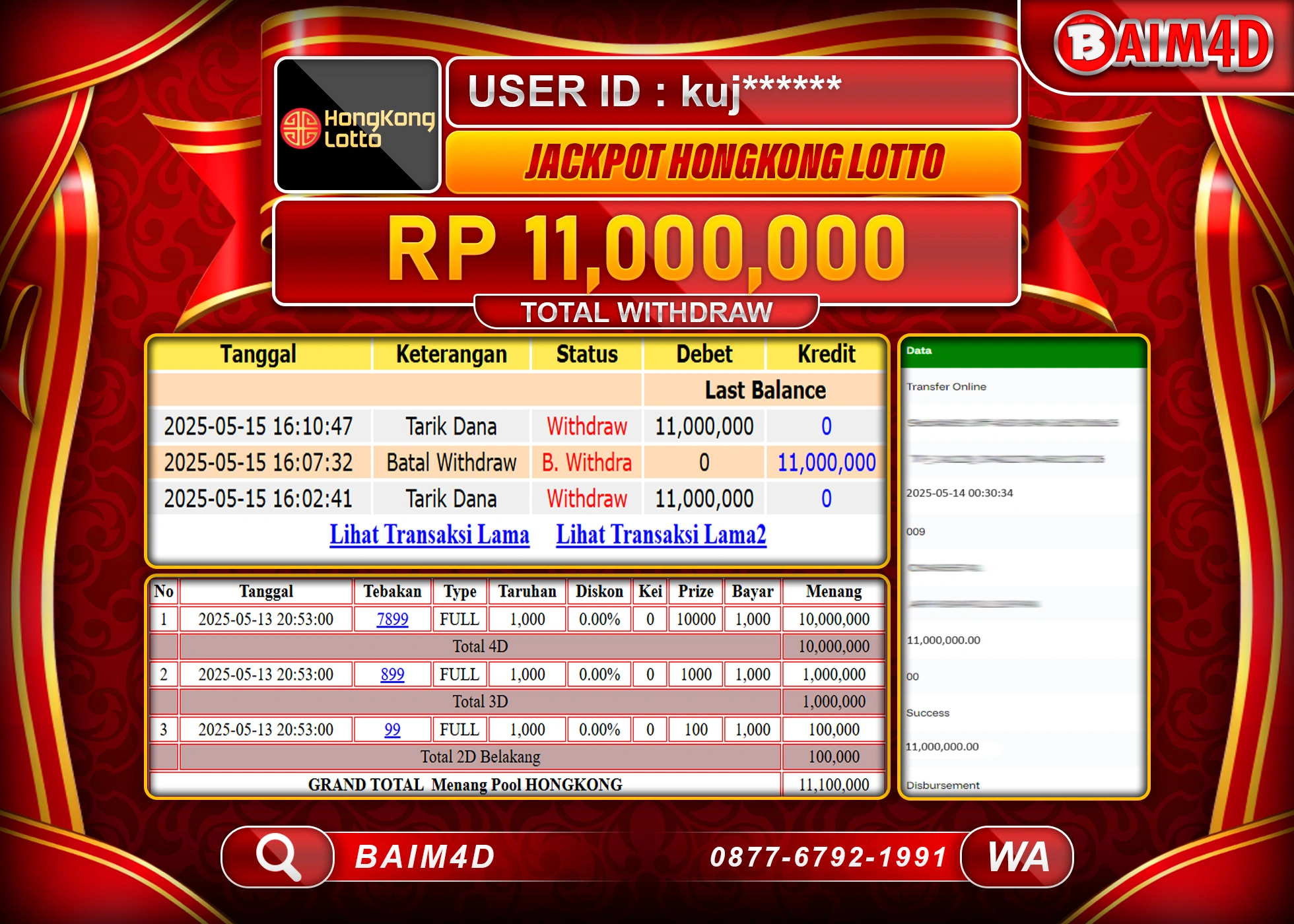 BAIM4D MENANG JACKPOT  HONGKONG LOTTO Rp11,000,000 - LUNAS