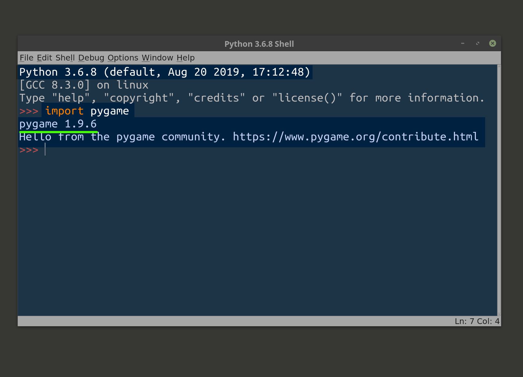 Screenshot of IDLE for Python 3 returning the version number for Pygame