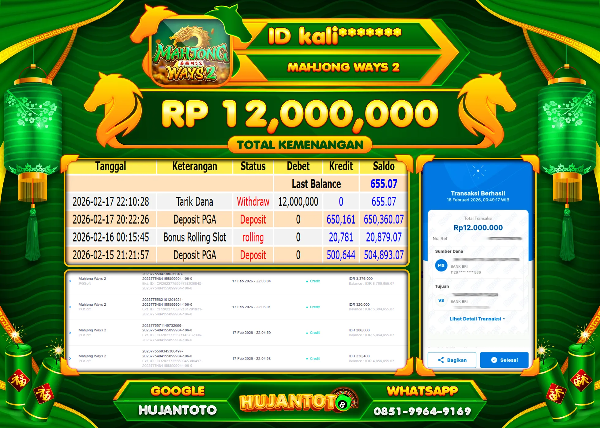 HUJANTOTO - BUKTI JACKPOT MENANG SLOT MAHJONG WAYS 2 Rp.12,000,000 - TERBAYAR LUNAS
