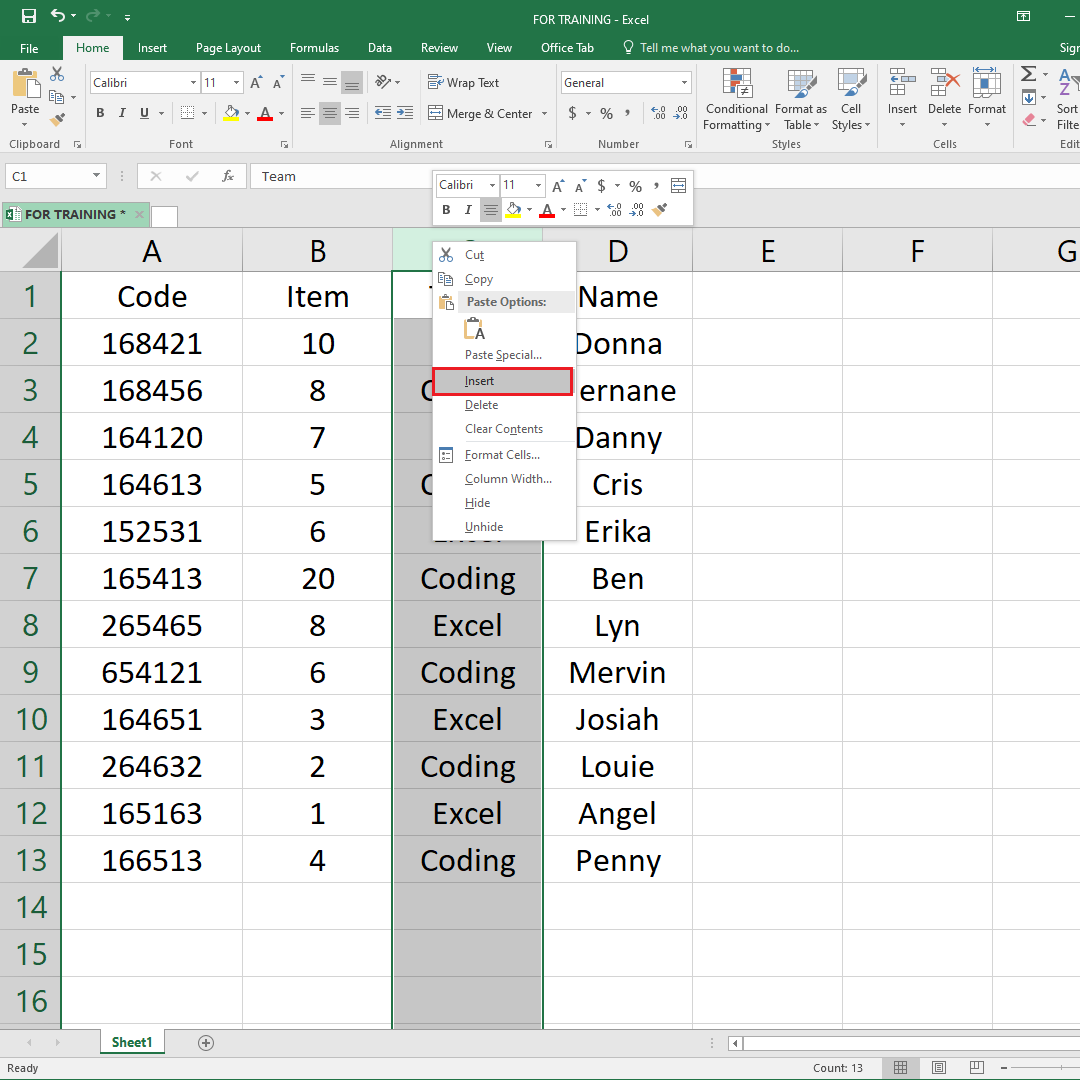 Move column example by inserting date with paste options