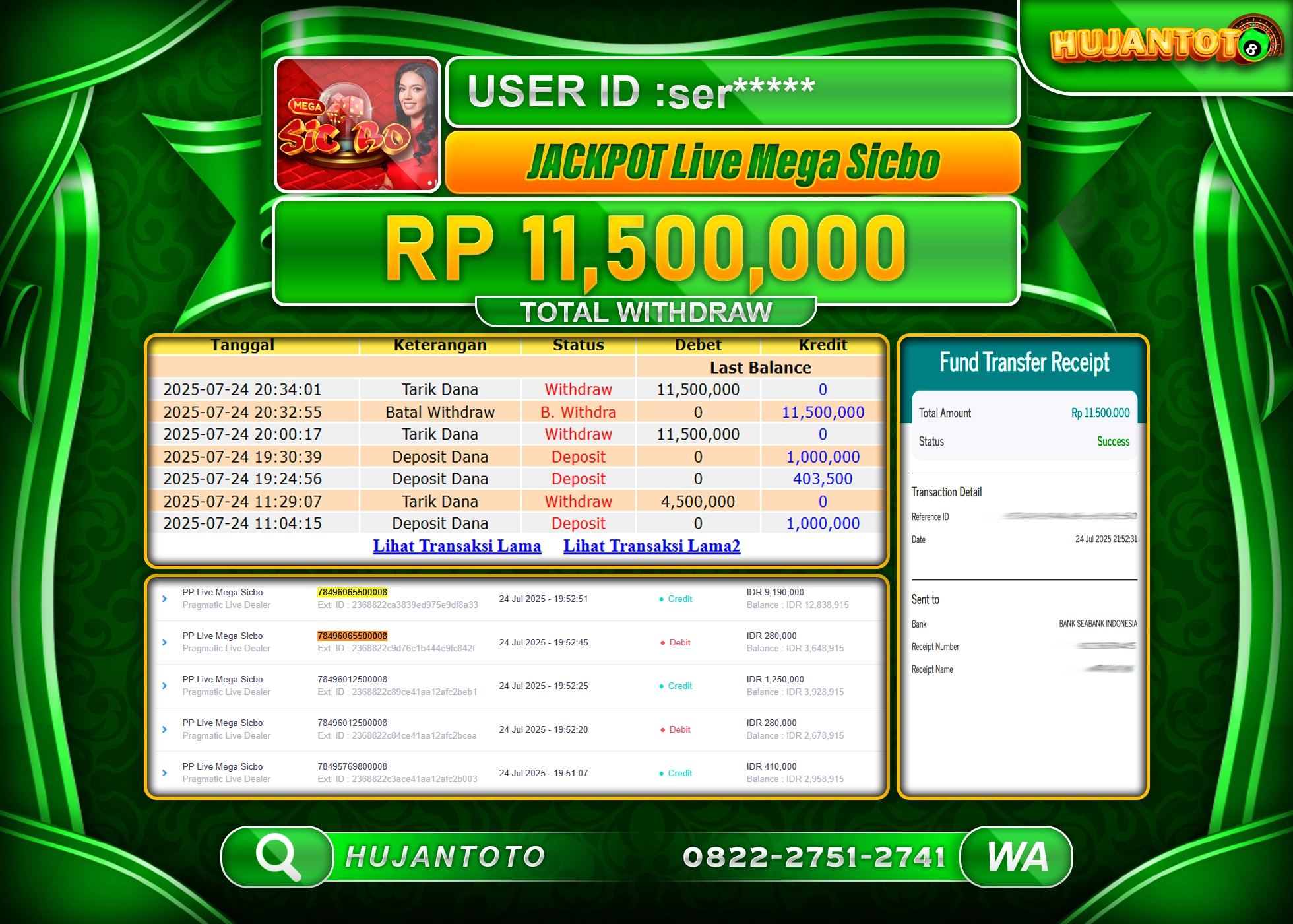 HUJANTOTO - BUKTI JACKPOT MENANG GAME LIVE MEGA SICBO Rp.11,500,000 - TERBAYAR LUNAS