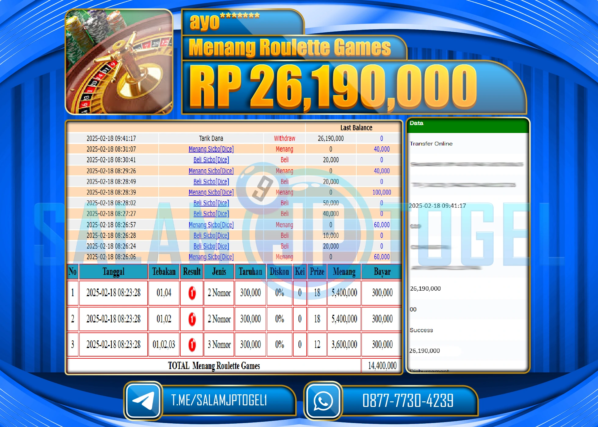 SALAMJPTOGEL MENANG ROULETTE GAMES Rp. 26,190,000 LUNAS
