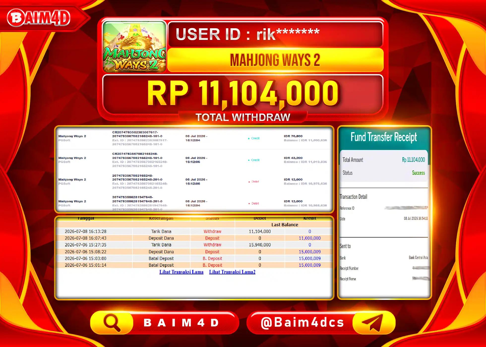 BAIM4D JACKPOT SLOT MAHJONG WAYS 2 Rp.11,104,000 - LUNAS