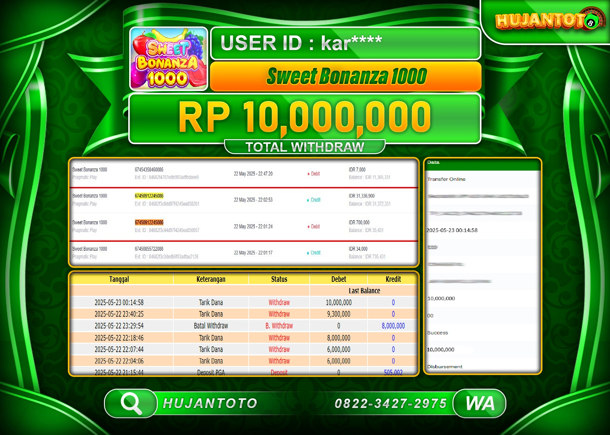 HUJANTOTO - BUKTI JACKPOT MENANG SLOT SWEET BONANZA 1000 Rp,10,000,000 - TERBAYAR LUNAS