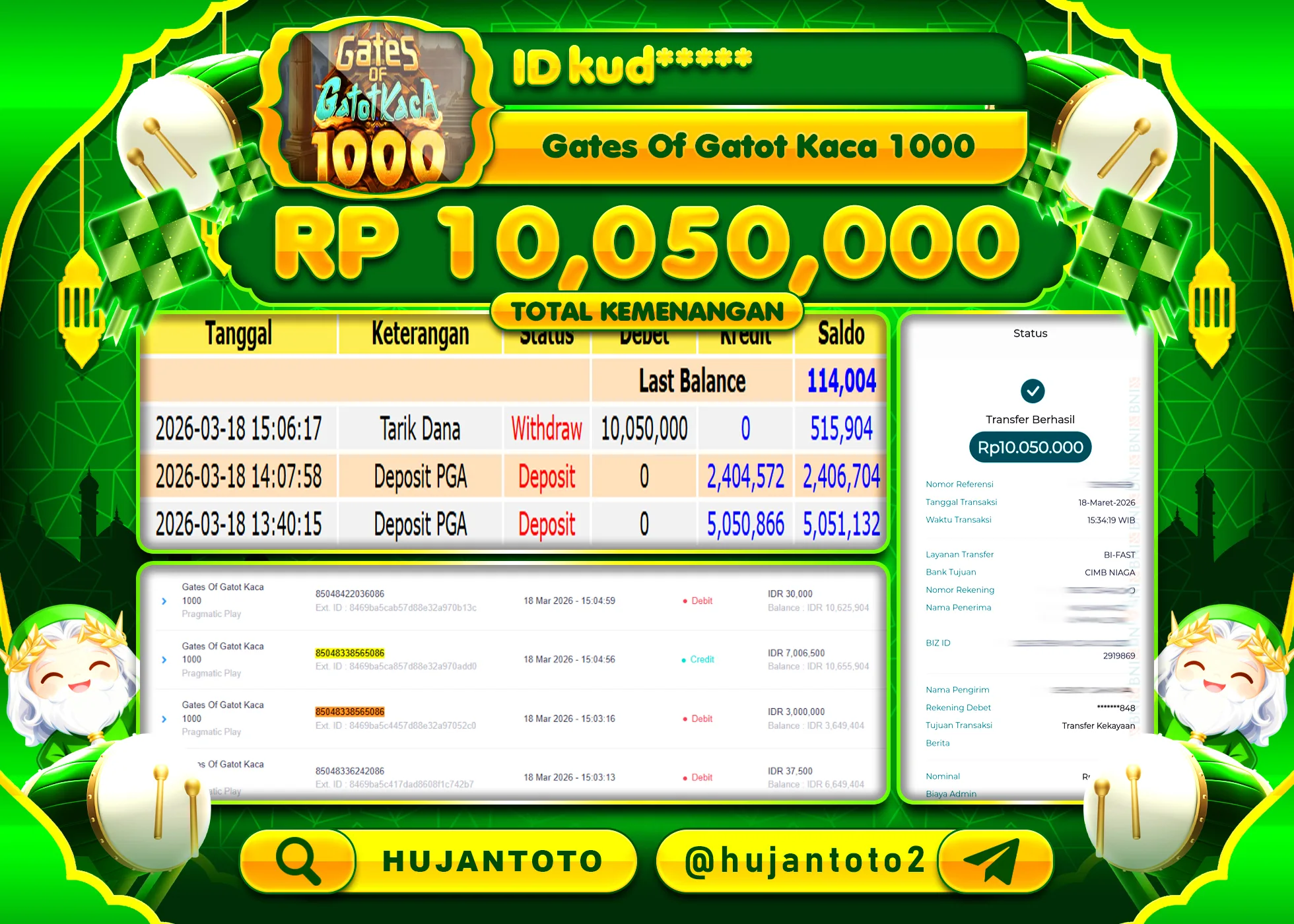 HUJANTOTO - BUKTI JACKPOT MENANG SLOT GATES  OF GATOT KACA 1000 Rp.10,050,000 - TERBAYAR LUNAS