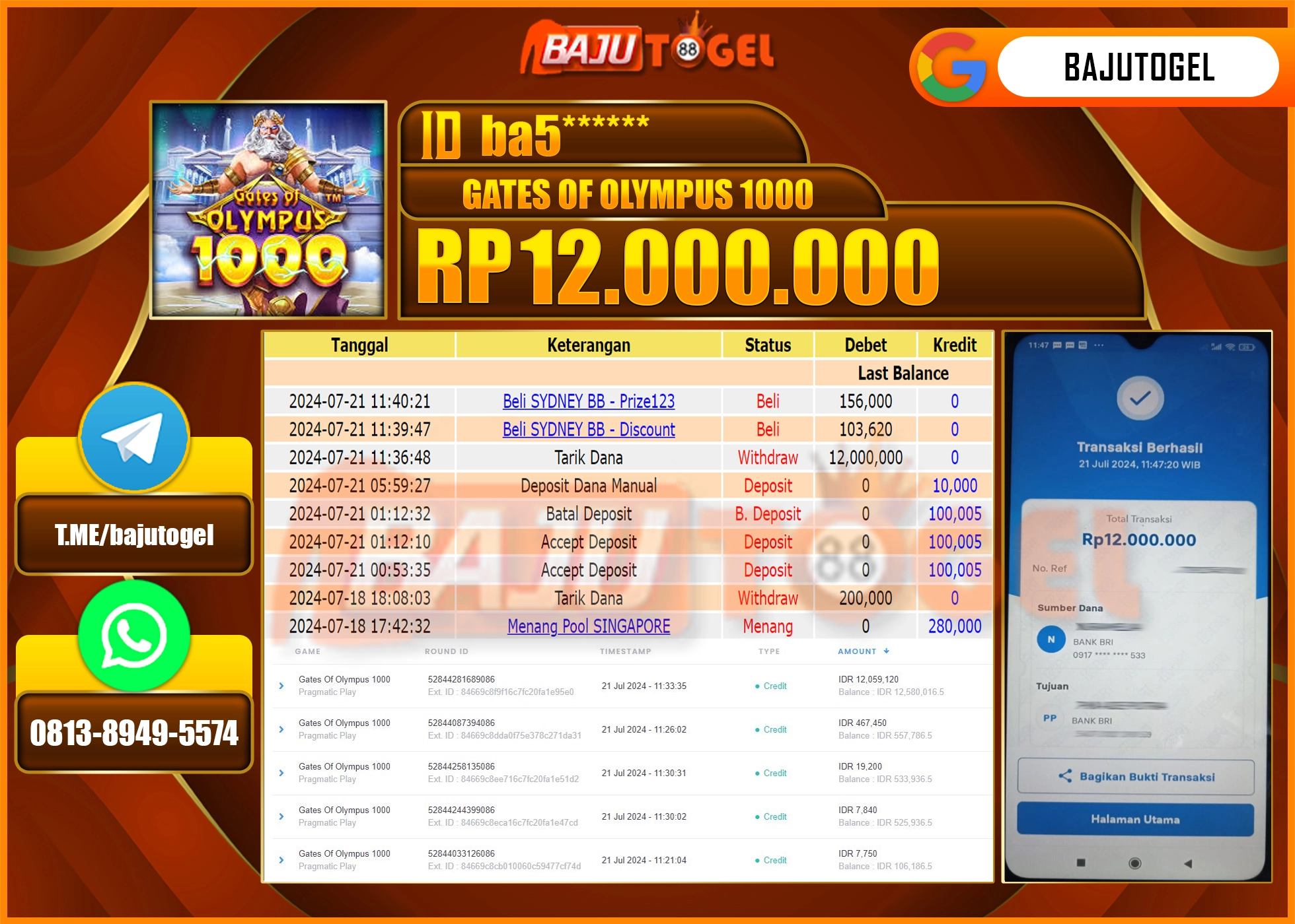 BAJUTOGEL JACKPOT SLOT GATES OF OLYMPUS 1000 Rp.12.000.000 LUNAS