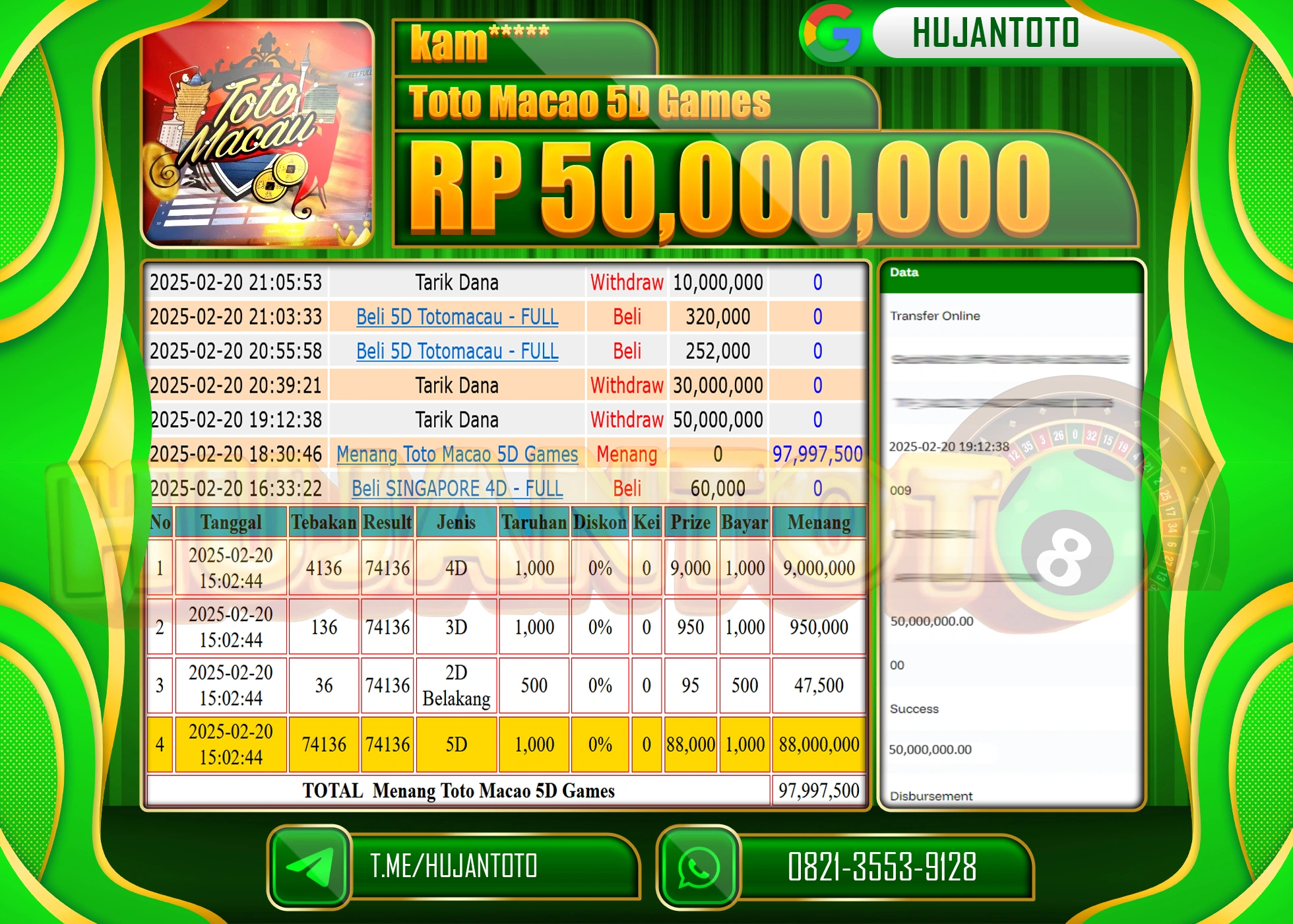 HUJANTOTO - BUKTI JACKPOT MENANG TOGEL TOTO MACAU 5D Rp,50,000,000 - TERBAYAR LUNAS