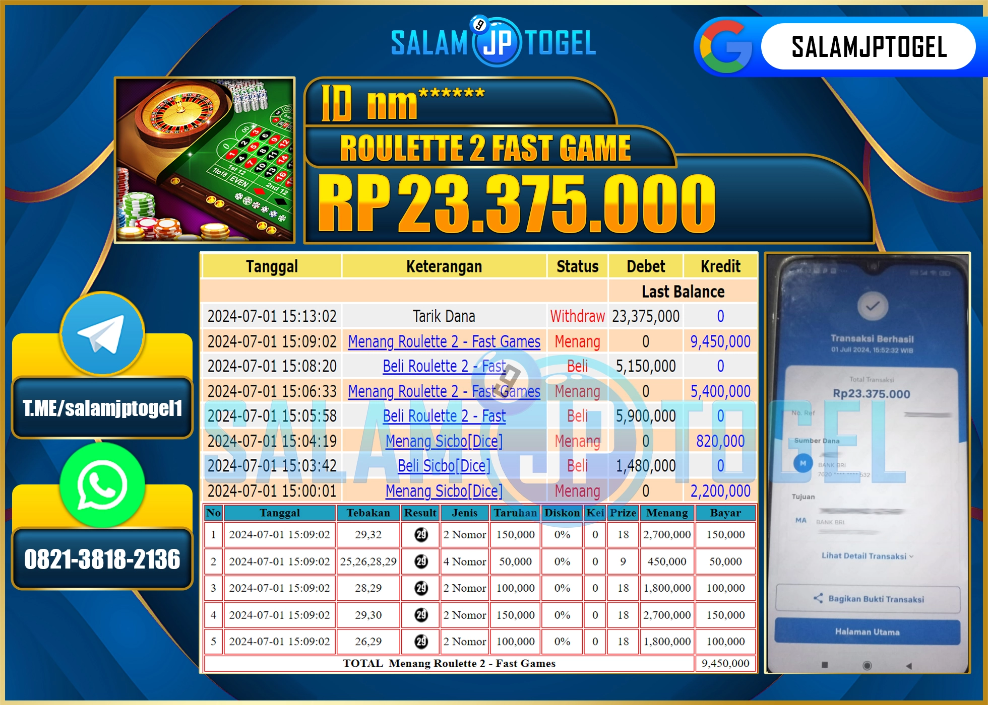 SALAMJPTOGEL MENANG Roulette 2 FAST GAME RP. 23,375,000.,LUNAS