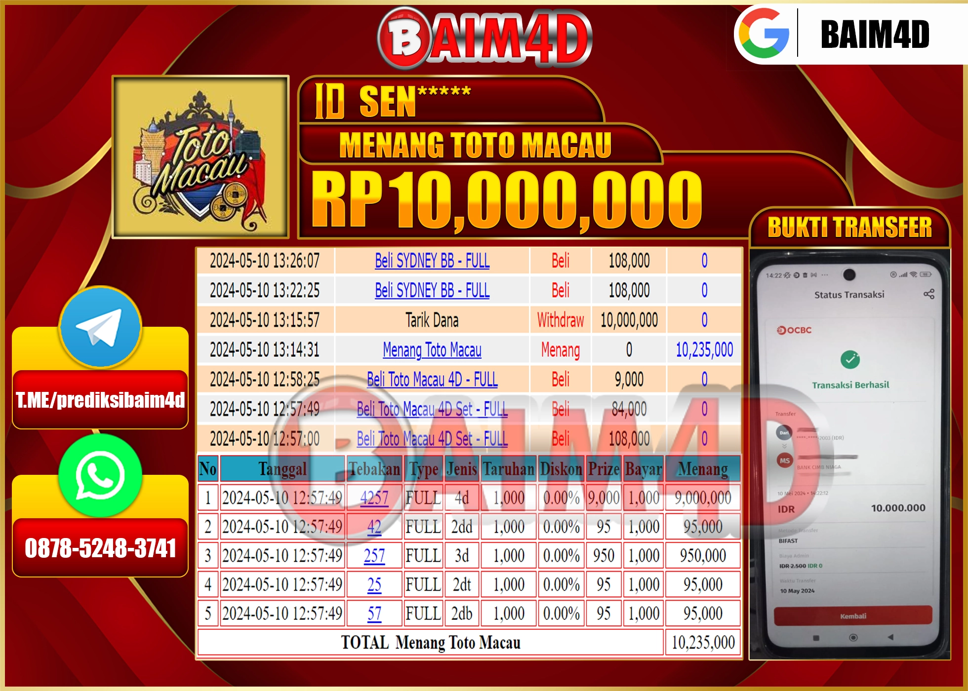 BAIM4D JACKPOT TOTO MACAU Rp.10,000,000.,- LUNAS