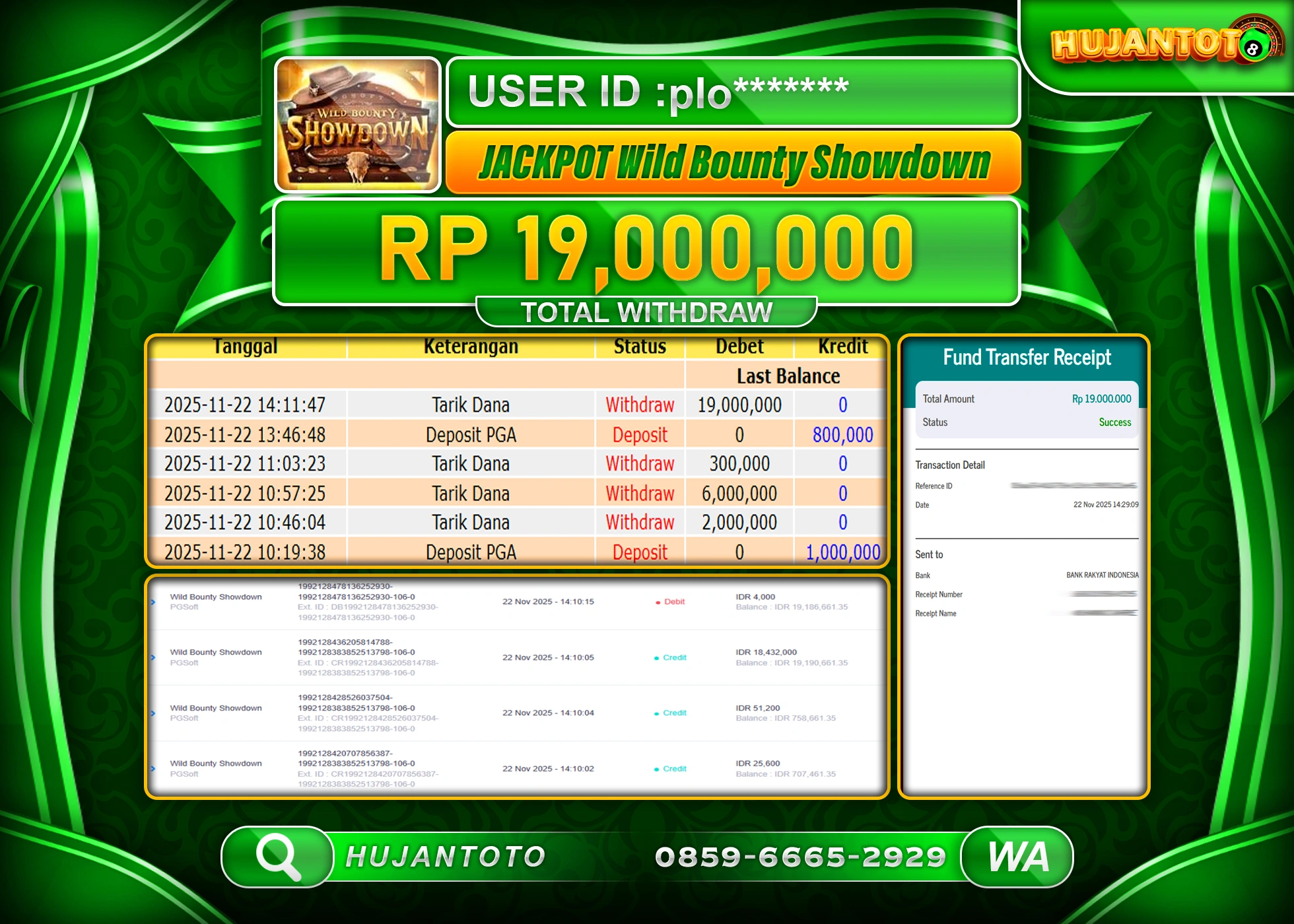 HUJANTOTO - BUKTI JACKPOT MENANG SLOT WILD BOUNTY SHOWDOWN Rp.19,000,000 - TERBAYAR LUNAS