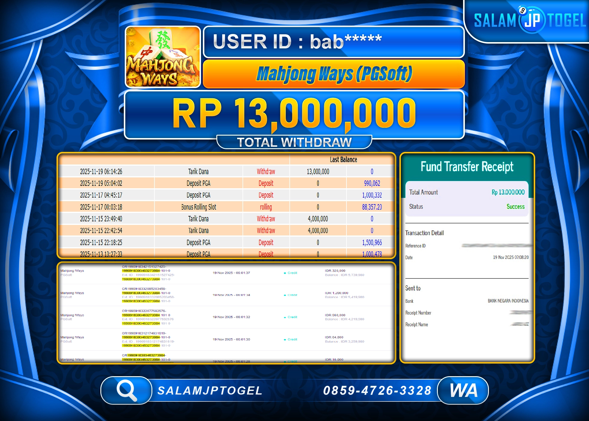 SALAMJPTOGEL MENANG MAHJONG WAYS PGSOFT Rp.13,000,000  - LUNAS