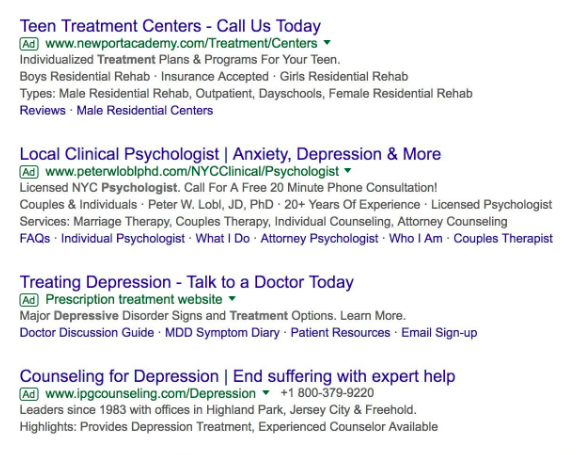 Google ads in search results screenshot | The Therapist's Guide to Google AdWords | Brighter Vision Web Solutions | Therapist Websites & Marketing for Therapists | Blog for Therapists