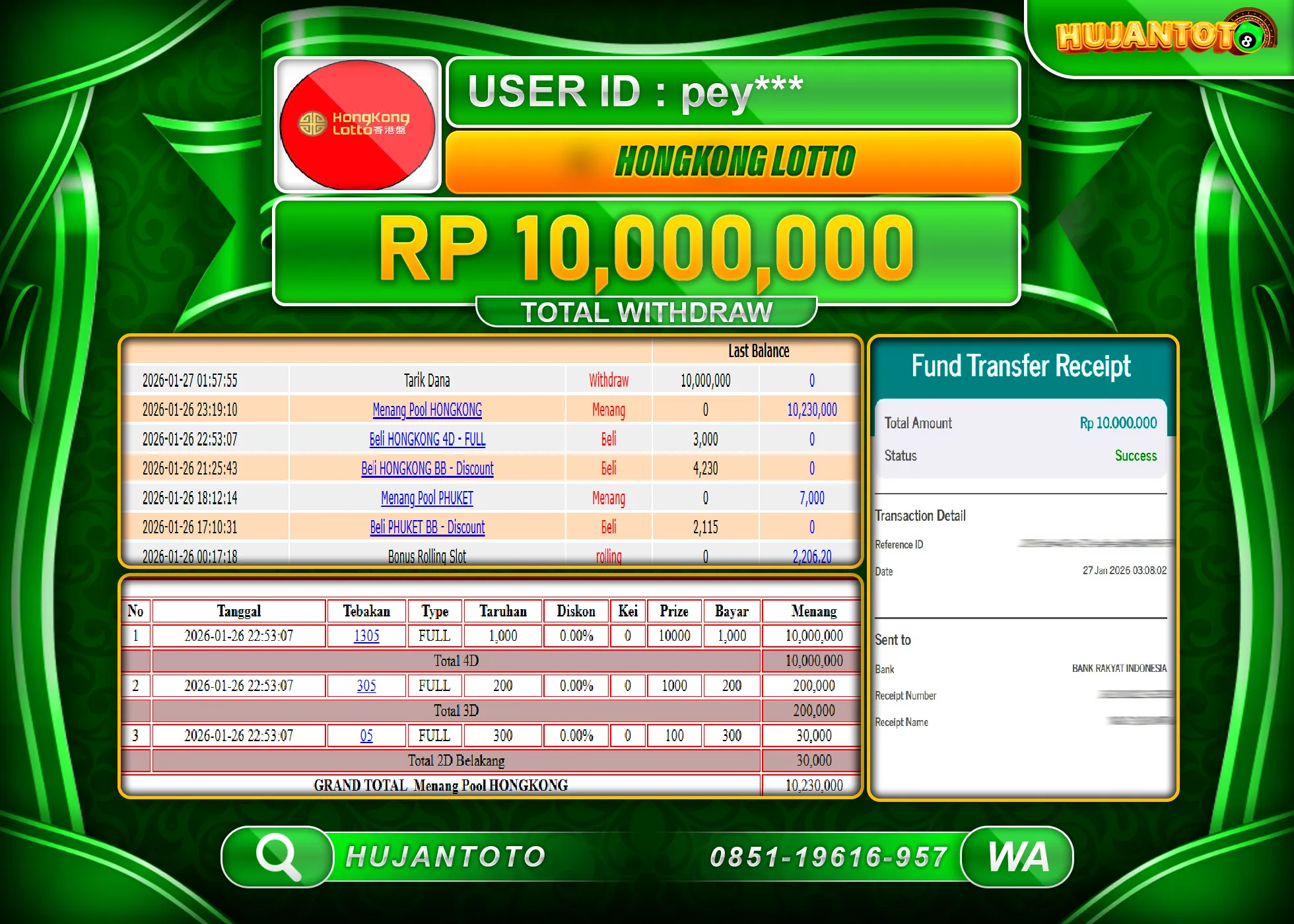 HUJANTOTO - BUKTI JACKPOT MENANG TOGEL HONGKONG LOTTO Rp.10,000,000 - TERBAYAR LUNAS
