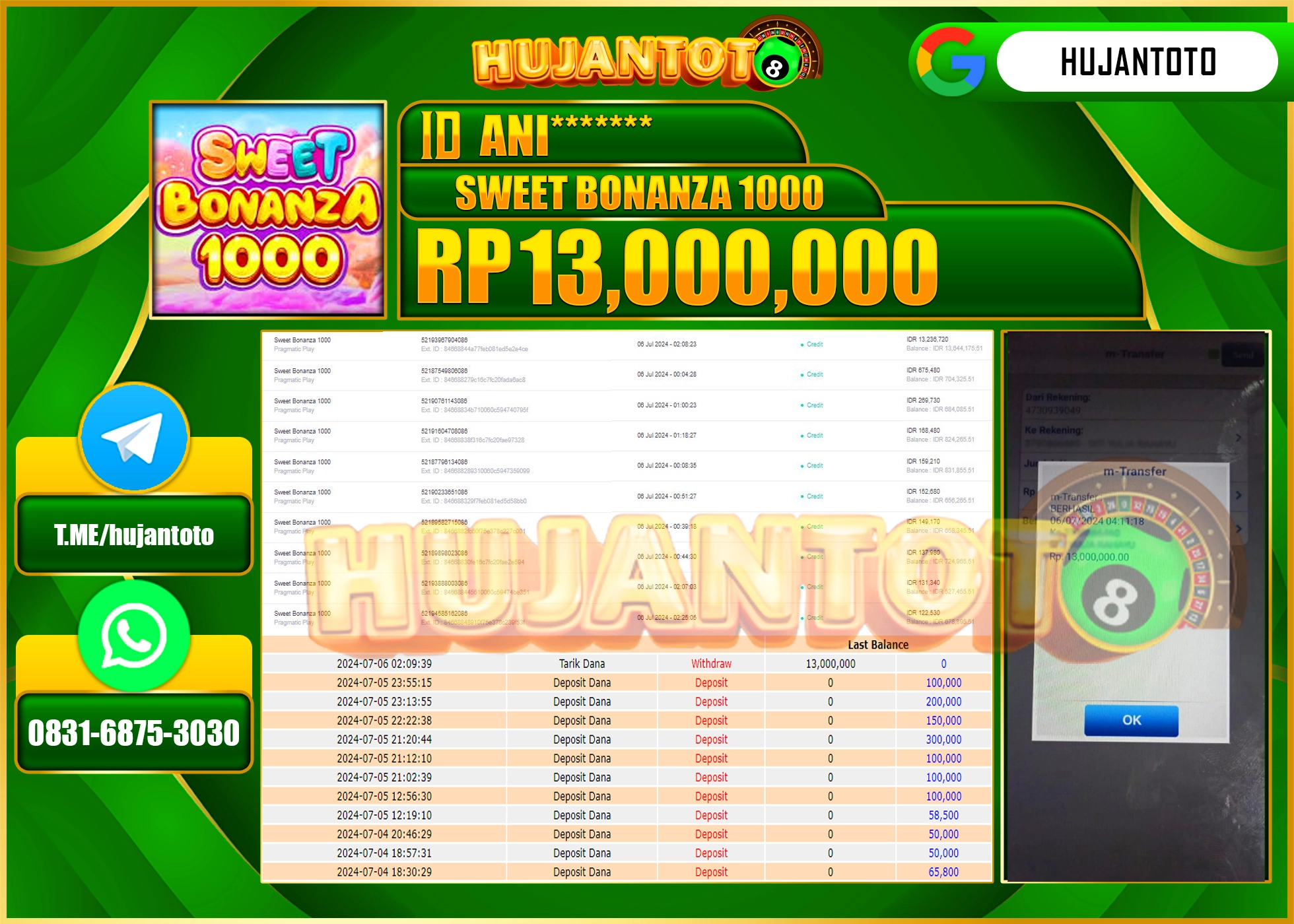 HUJANTOTO MENANG SLOT SWEEY BONANZA 1000, 13,000,000 - LUNAS 