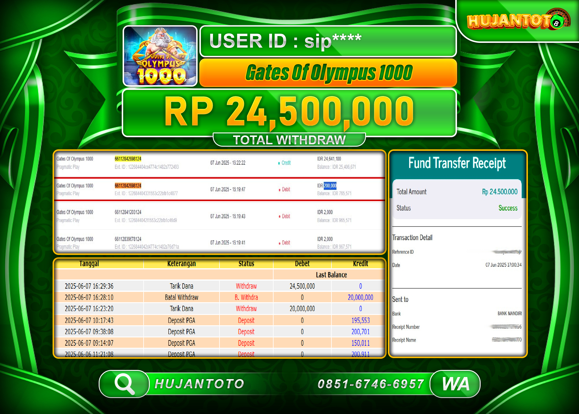 HUJANTOTO - BUKTI JACKPOT MENANG SLOT GATES OF OLYMPUS 1000 Rp,24,500,000 - TERBAYAR LUNAS