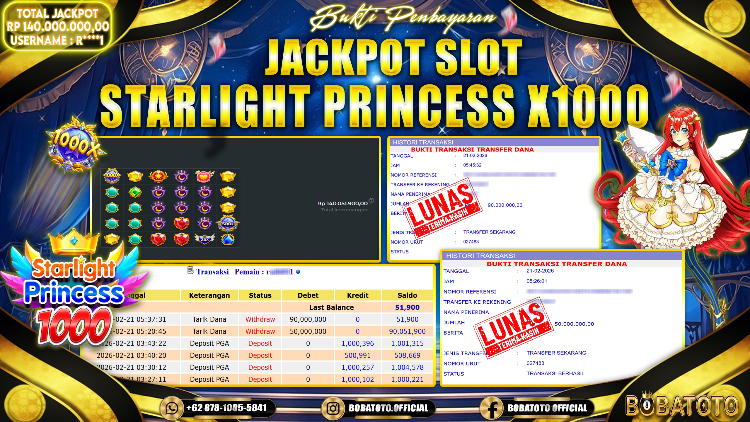 BOBATOTO JACKPOT SLOT PRAGMATIC STARLIGHT PRINCESS 1000 Rp.140,000,000,- LUNAS!!