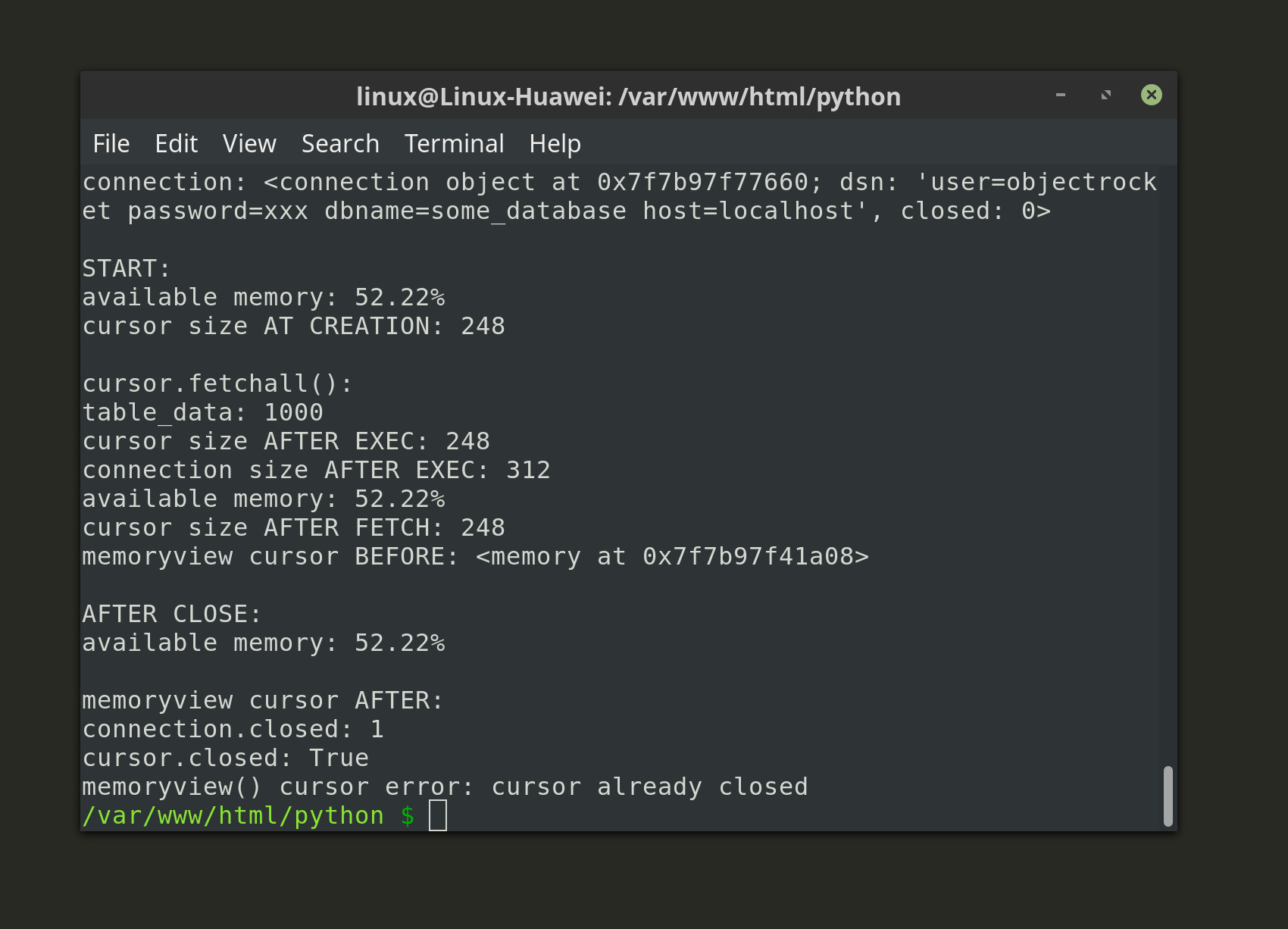 Screenshot of a Python script running in a terminal window returning memory information while running a psycopg2 app