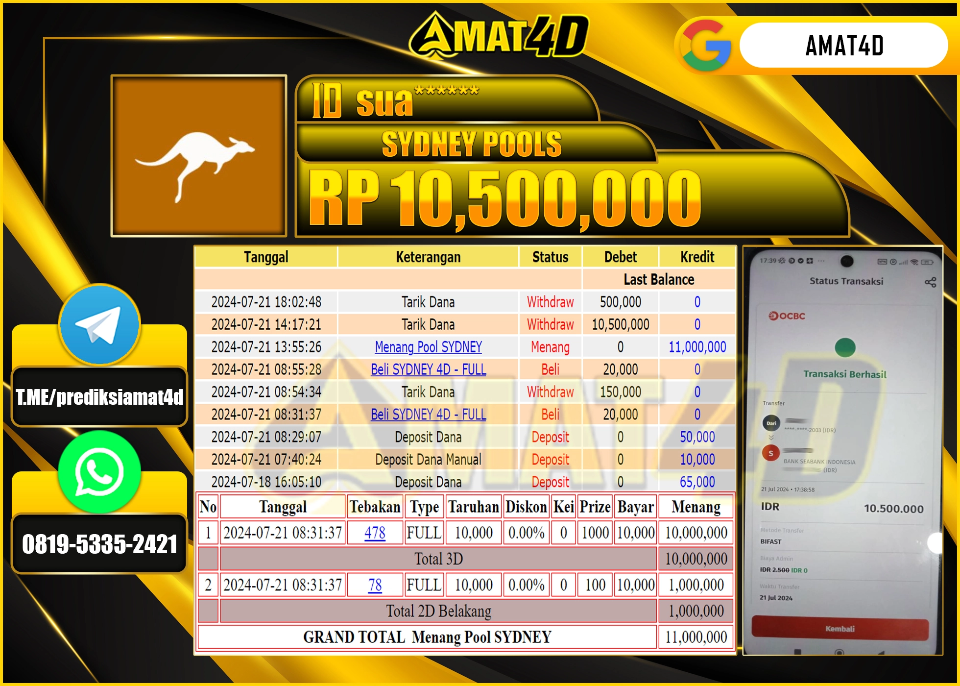 AMAT4D KEMENANGAN PASARAN SYDNEY POOLS Rp.10.500.000 BERHASIL TERBAYAR LUNAS