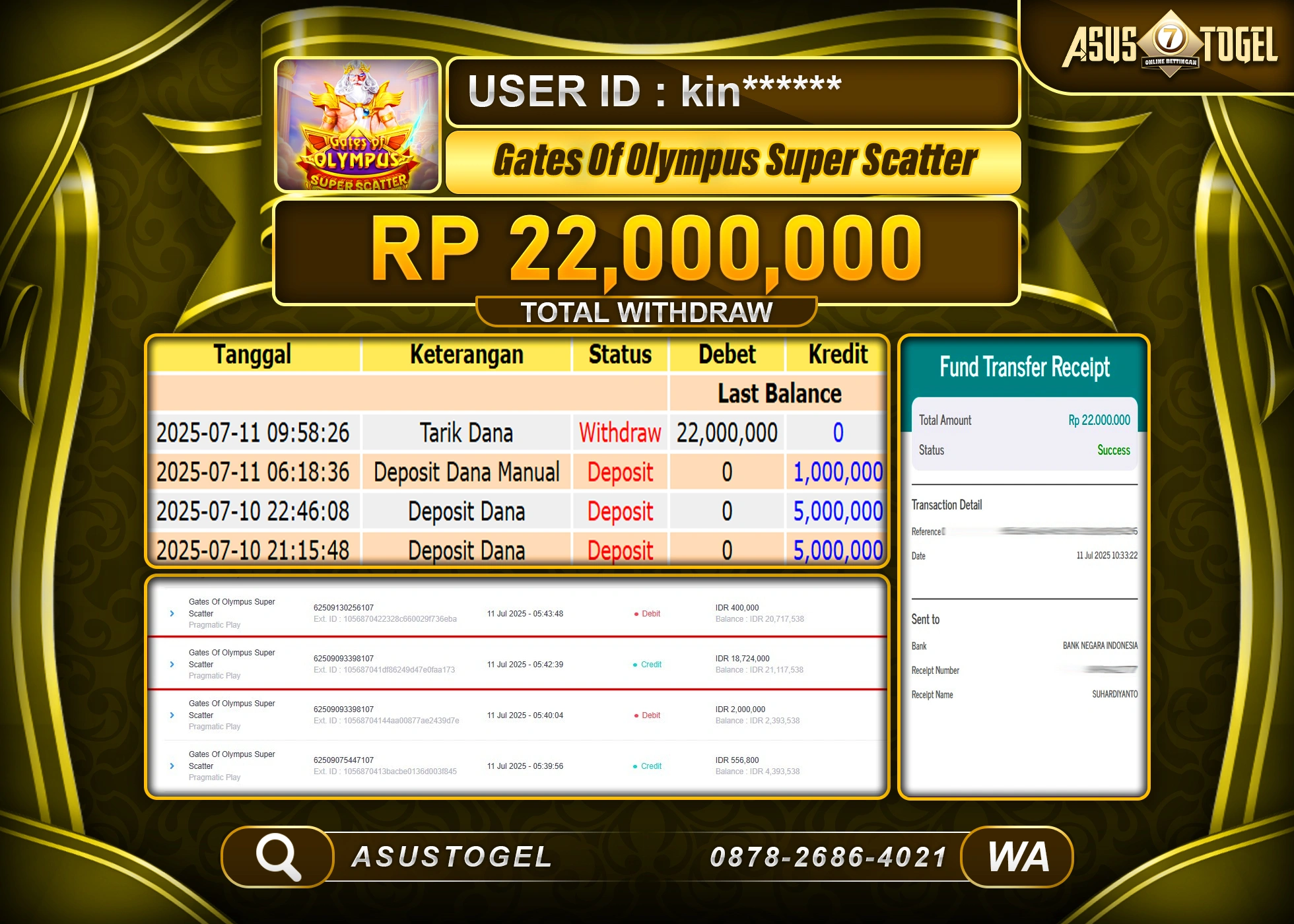 ASUSTOGEL KEMENANGAN DI SLOT GATES OF OLYMPUS SUPER SCATTER SEBESAR 22,000,000- RUPIAH LUNAS