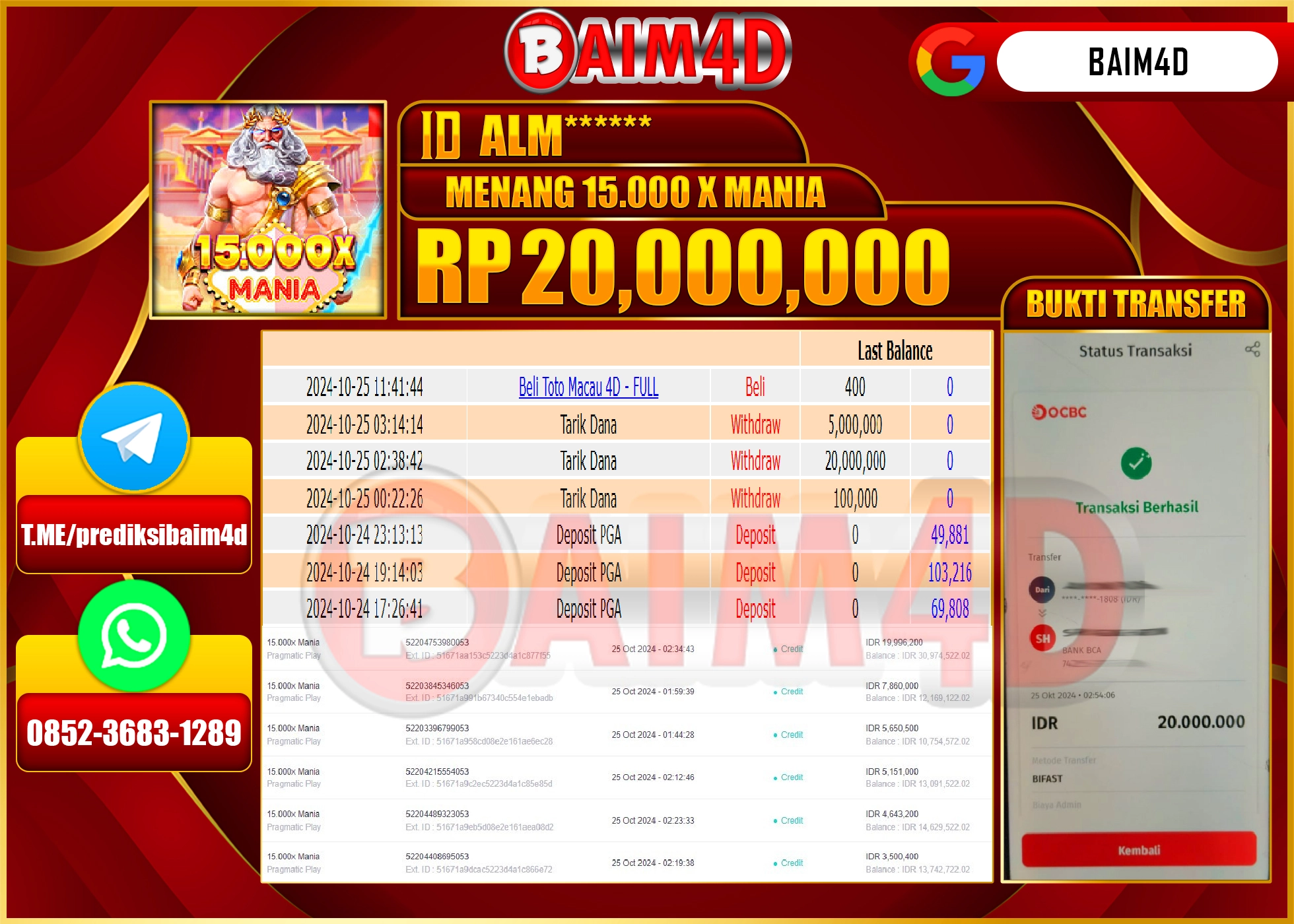 BAIM4D JACKPOT SLOT 15000X MANIA Rp.20.000,000.- LUNAS